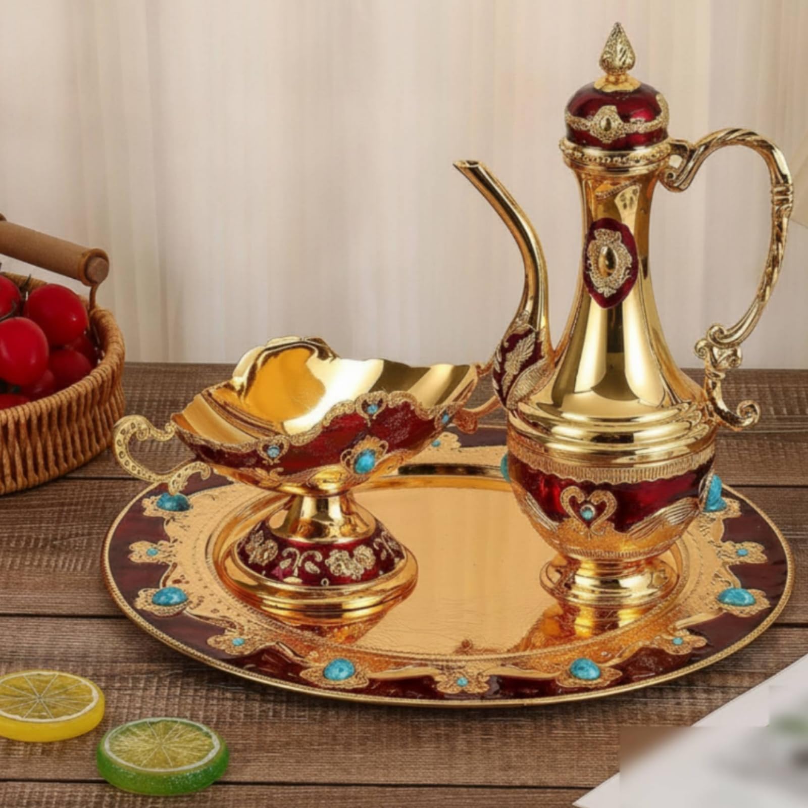 Jarra Tapada Centro Espejado Set Ornamental Estilo Tradicional Bandeja Redonda para Servir Bebidas, Dorado