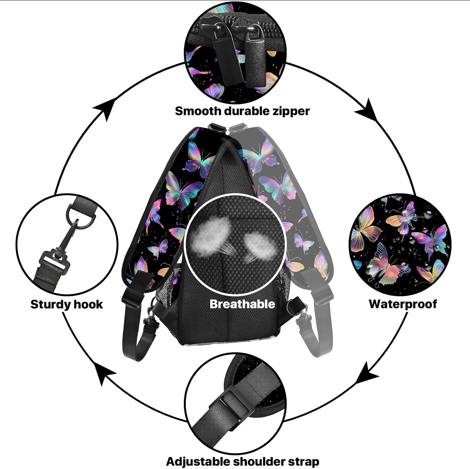 FyLybois Butterfly Sling Bag for Women Crossbody Backpack Lightweight Chest Daypack Fashion Shoulder Bags for Travel Hiking Biking - Image 5