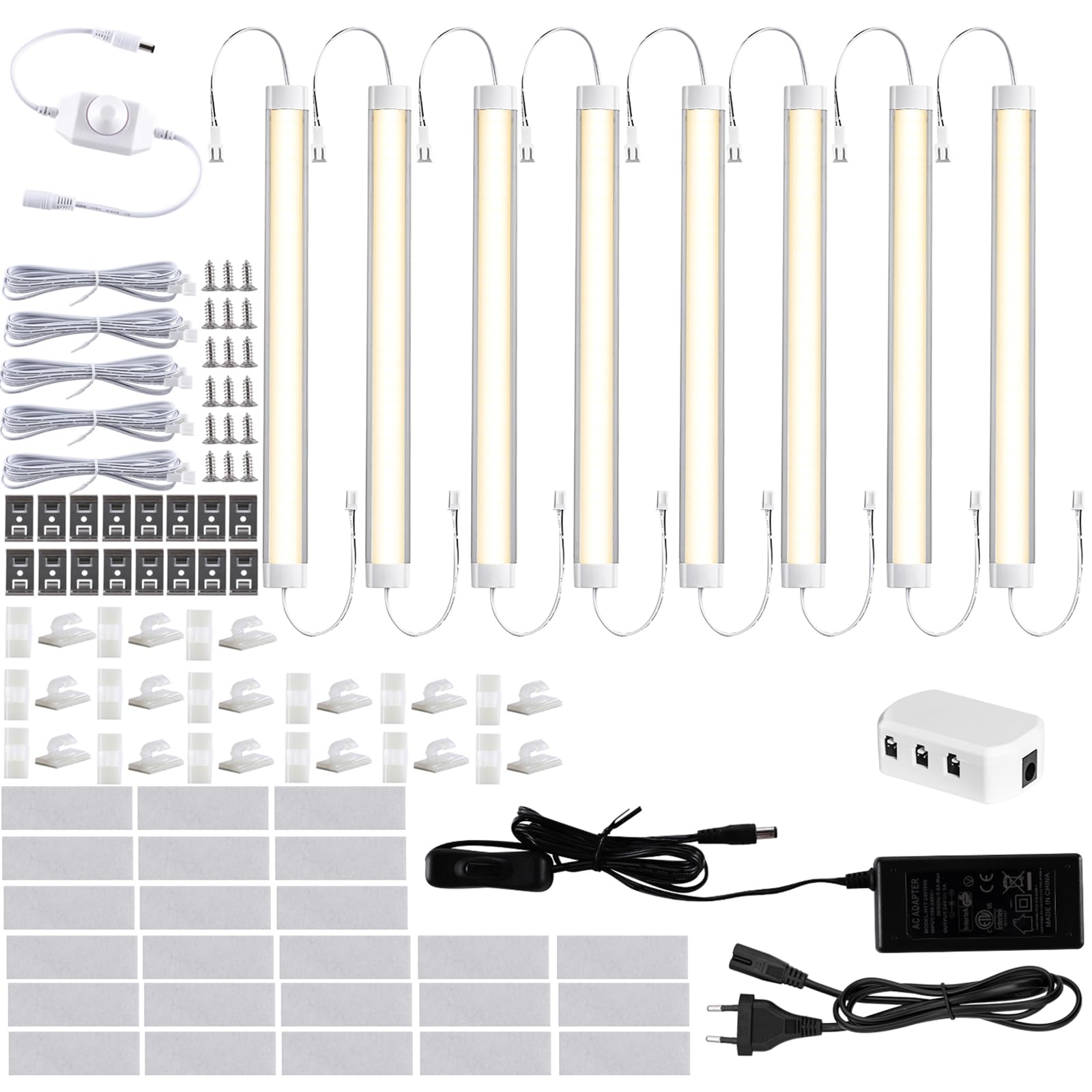 LABOREDUCER Lot de 8 lampes LED à intensité variable - 30 cm - Avec prise et interrupteur - Pour cuisine, armoire, placard - Blanc chaud