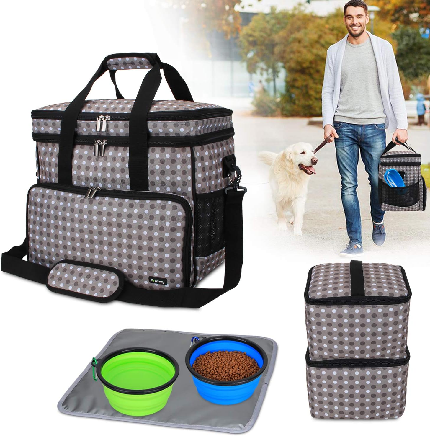 Teamoy Borsa Viaggio Per Cani - Con Ciotole Pieghevoli, Contenitori Cibo E Tappetino, Grande Nero - Foto 4