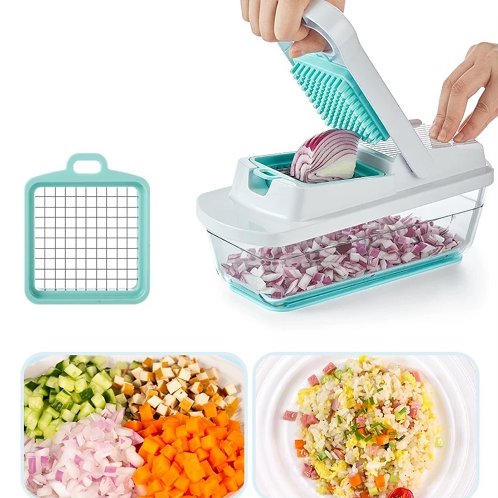 Mandolina de Cocina Profesional Cortador de Verdura, con Recipiente y Protector Manos, Fácil Limpiar, 6 Cuchillas Reemplazables, Cebolla, Utensilio Cocina Preparar Alimentos