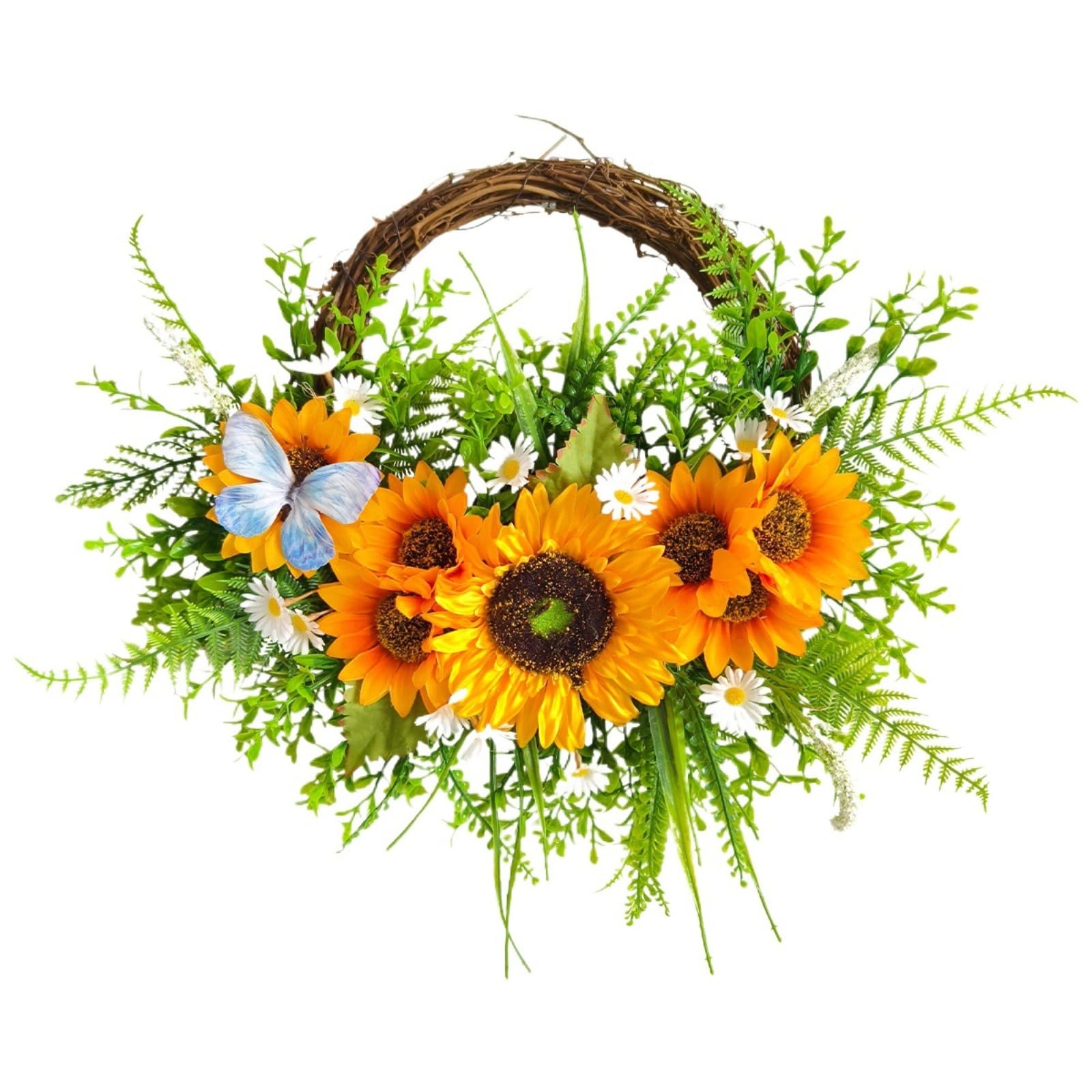 Zbello Yellow Sunflower Front Door Wreath 45Cm Artificial Summer Floral Wreath With Daisy Butterfly, Rustic Hanging Decoration For Porch Home Wall (45Cm,)