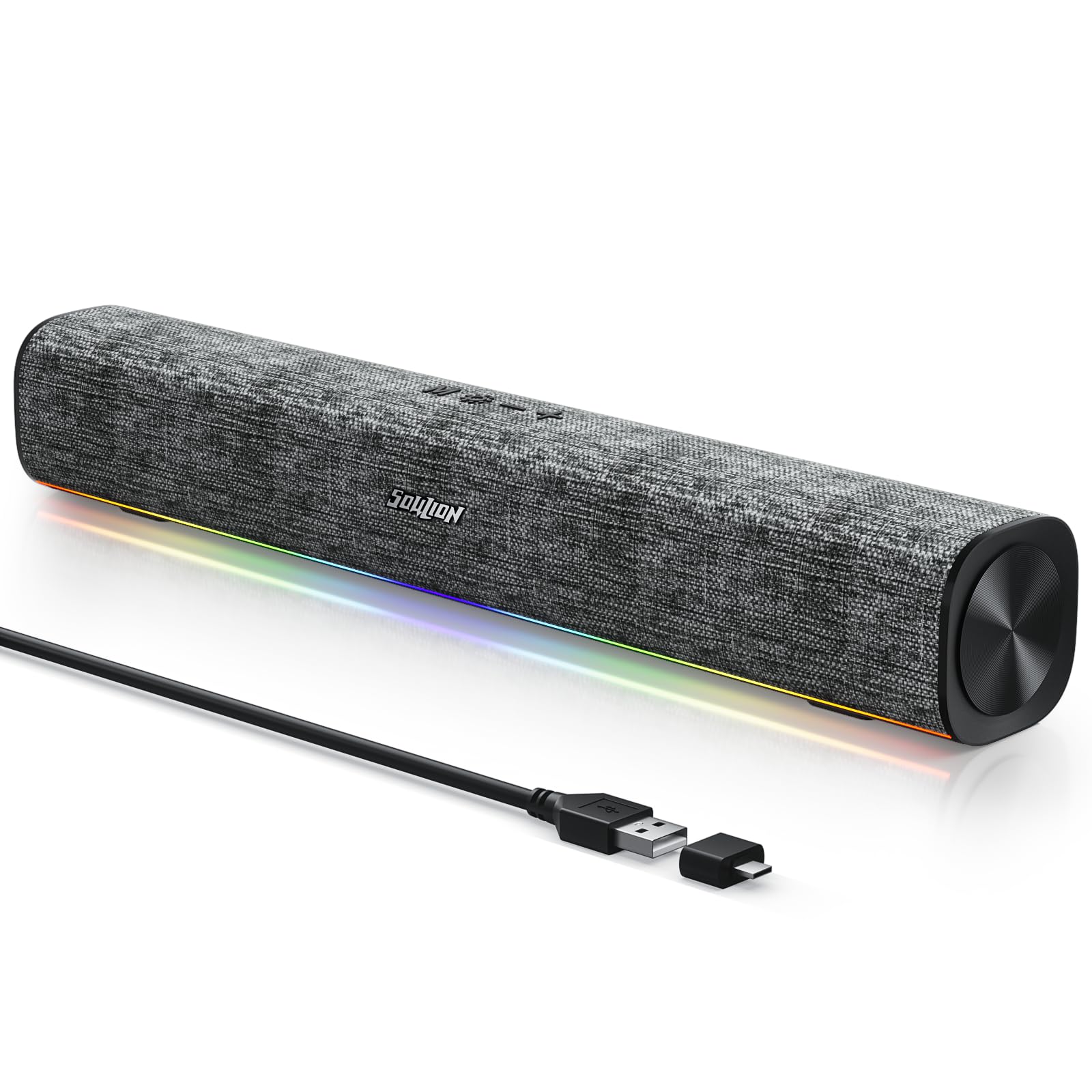 SOULION R100 Enceinte PC, Bluetooth Barre de Son PC avec Synchronisation/Affichage Audio-Lumière, pour PC, Tablette, Smartphone, 42 x 6 x 6cm (Alimenté par USB)