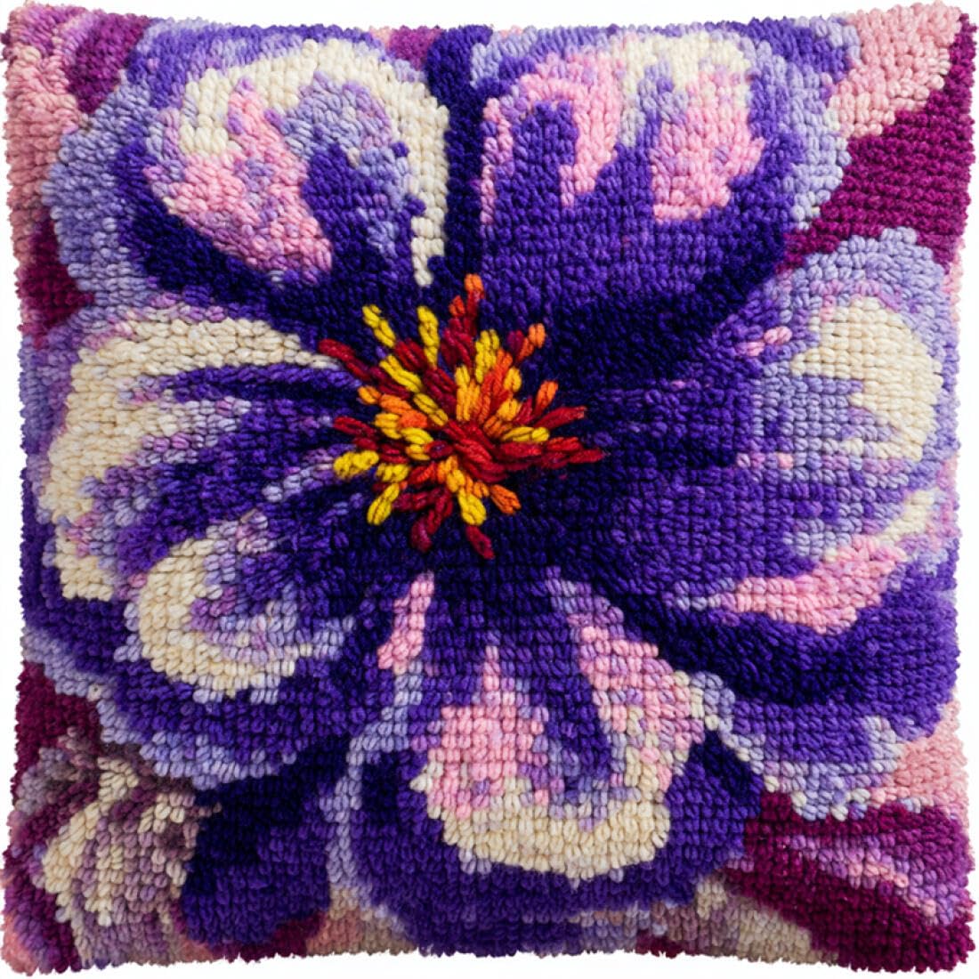 Kitquiver Latch Hook Cushion Set Purple Flowers DIY Latch Hook Kits Pillow Needlepoint Cushion Kit for Home Décor Needlework Set for Adult Beginners 17x17In