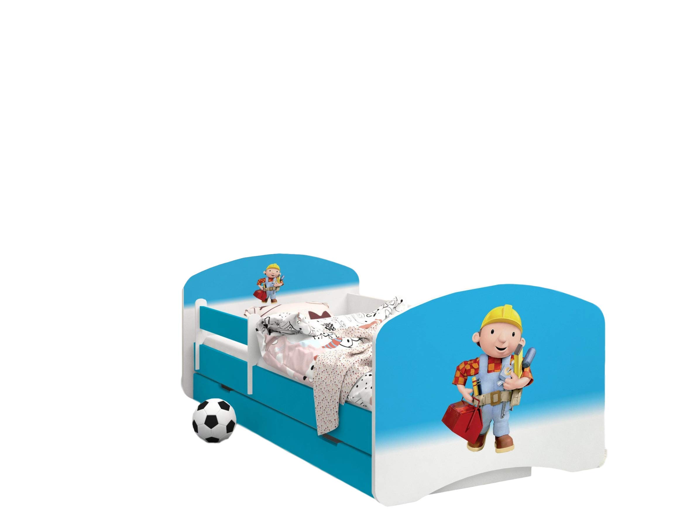 Happy Babies – dwustronne łóżko dziecięce z szufladą, nowoczesne wzornictwo z bezpiecznymi krawędziami i zabezpieczeniem przed upadkiem, materac piankowy 7 cm, niebieski (bob Budowniczy 190 x 90)