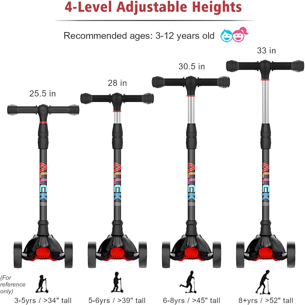 Allek Kick Scooter B02, Lean 'N Glide Scooter with Extra Wide PU Light-Up Wheels and 4 Adjustable Heights for Children from 3-12yrs (Black)