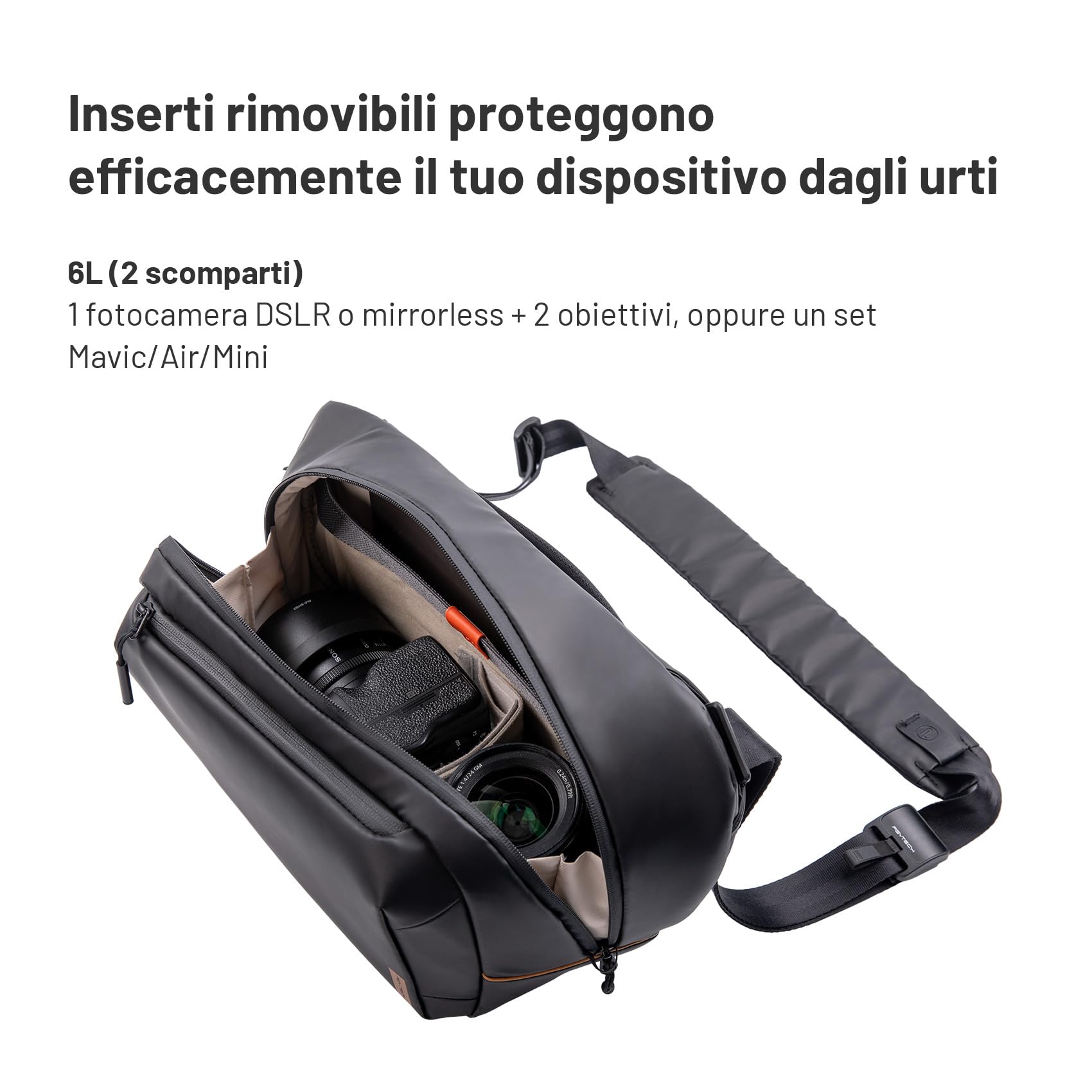 PGYTECH OneGo Solo V2 Borsa Fotografica Professionale Tracolla 6L, Zaino Fotografico Piccolo Impermeabile Compatibile con Fotocamera Reflex Canon, Sony, DJI Avata 2, DJI Mavic 3, iPad Pro 11'', Nero
