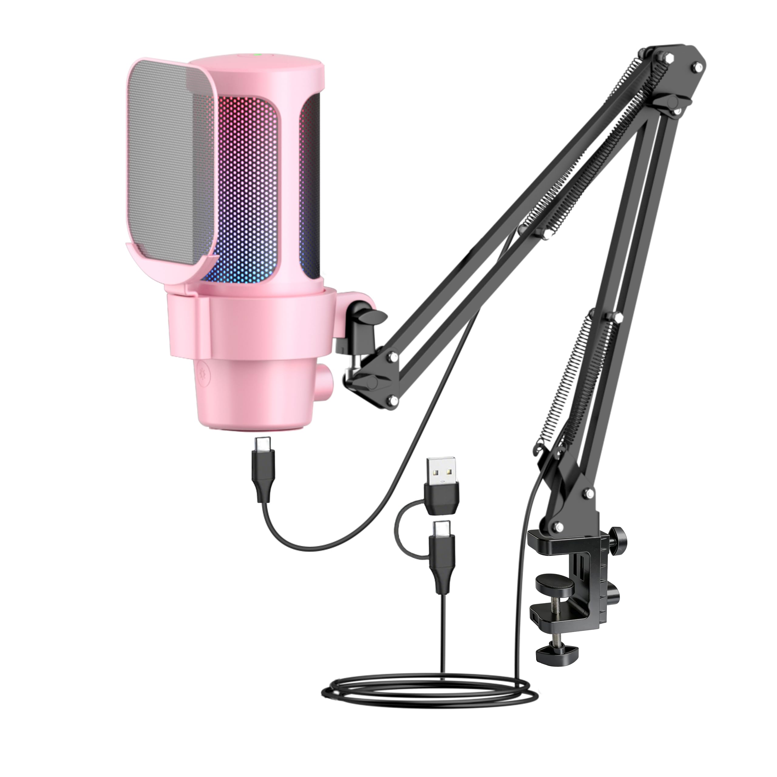 VCOM Micrófono USB para juegos rosa, micrófono de brazo dinámico de condensador para podcast, transmisión, con soporte de brazo de brazo, silencio rápido, filtro pop, indicador RGB, montaje de choque