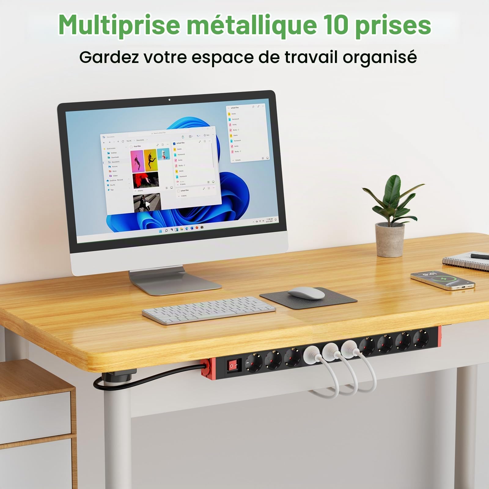 Multiprise Aluminium 10 Prises Parafoudre Surtension, Bloc Prise Murale avec Interrupteur, Rotation 360°, Cordon 1,8m, 4000W/16A, Noir, Maison & Bureau