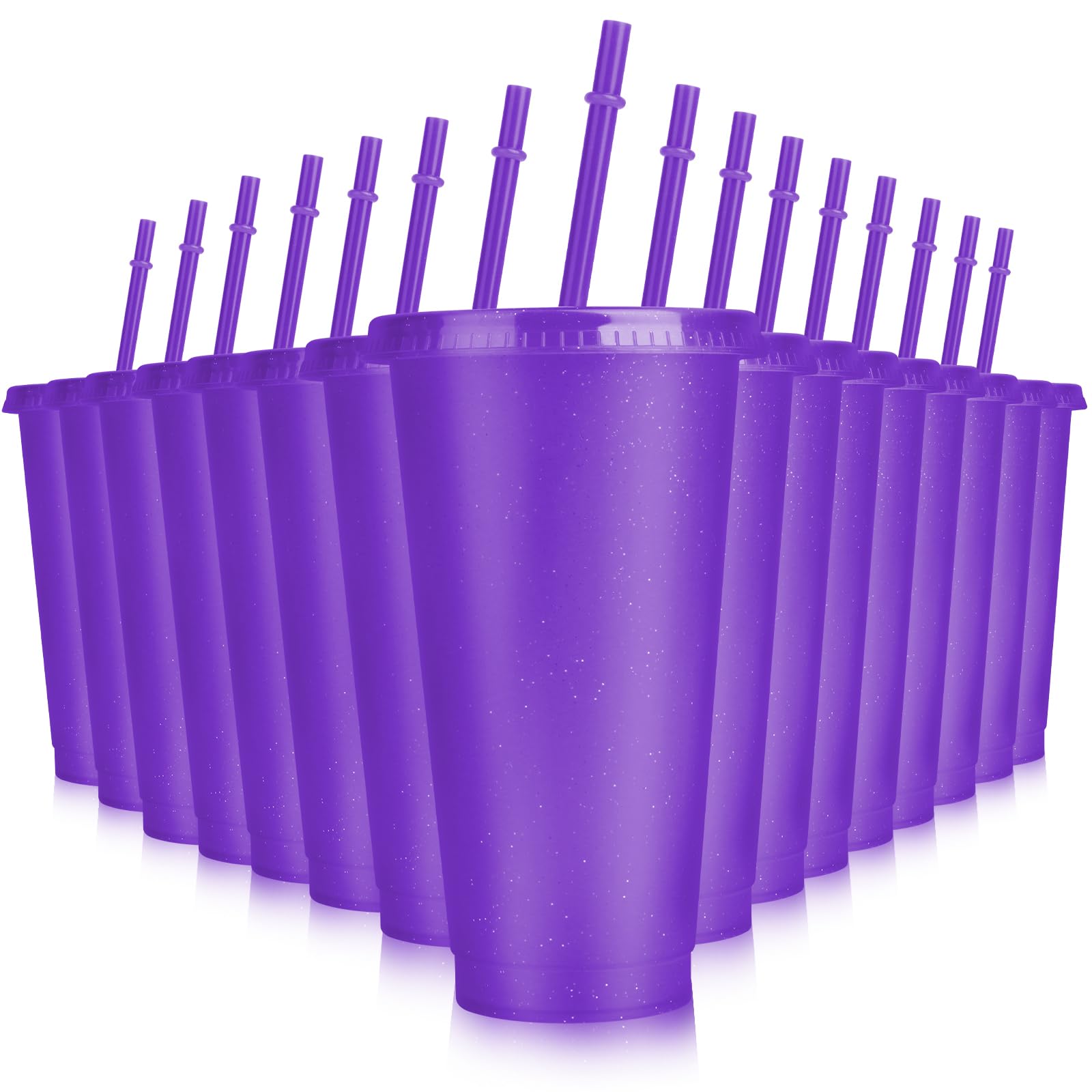 Hxezoc 16 bicchieri riutilizzabili con coperchio e cannucce, in plastica glitterata, da 680,4 g, tazze da caffè ghiacciato, tazze da viaggio per feste di compleanno, frullati, succhi di frutta, feste