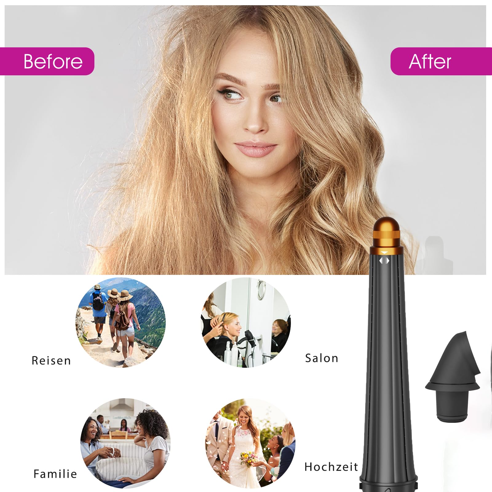 Barril cónico para rizar el cabello de 0.78 a 1.4 pulgadas de largo con adaptador para Dyson Airwrap HD01 HD02 HD03 HD04 HD07 HD08 HD15 HD16, accesorio de rodillo de pelo autorrizado, dorado