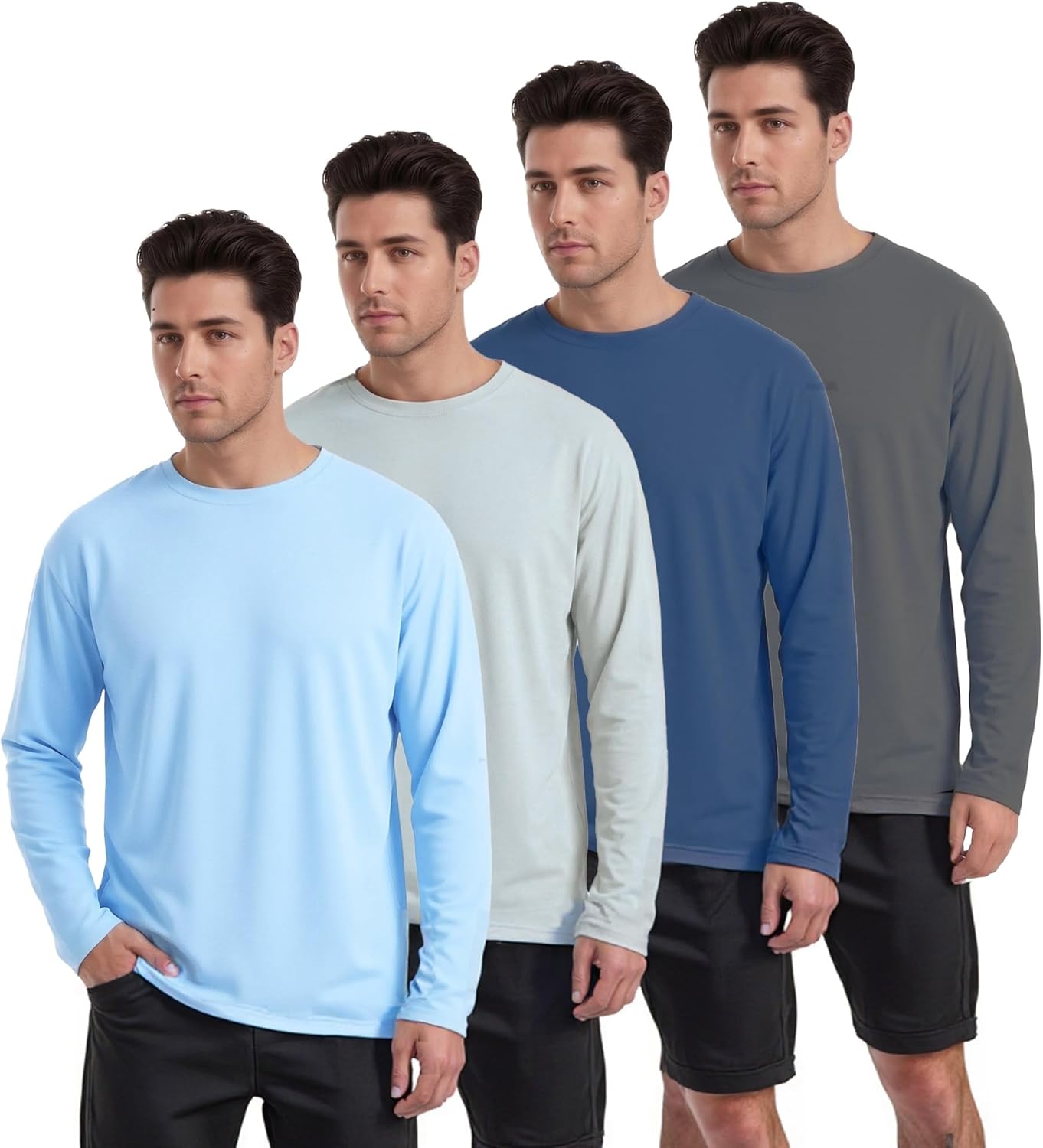Kinglaman 4 Pack Men's UPF 50+ Rash Guard Swim Fishing Sun Shirts, Long Sleeve SPF UV Sun Protection Shirts for Men
