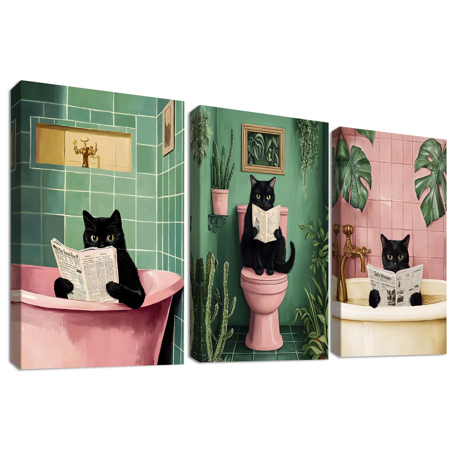 HALFLEMART 3 Pcs Wooden Framed Canvas Wall Art Funny Black Cat Canvas Prints Pink Green Plants Kitten Cat Bathing Painting Animals Humor Pictures Bathroom Toilet Bathtub Wall Decor 40x60 cm x3pcs