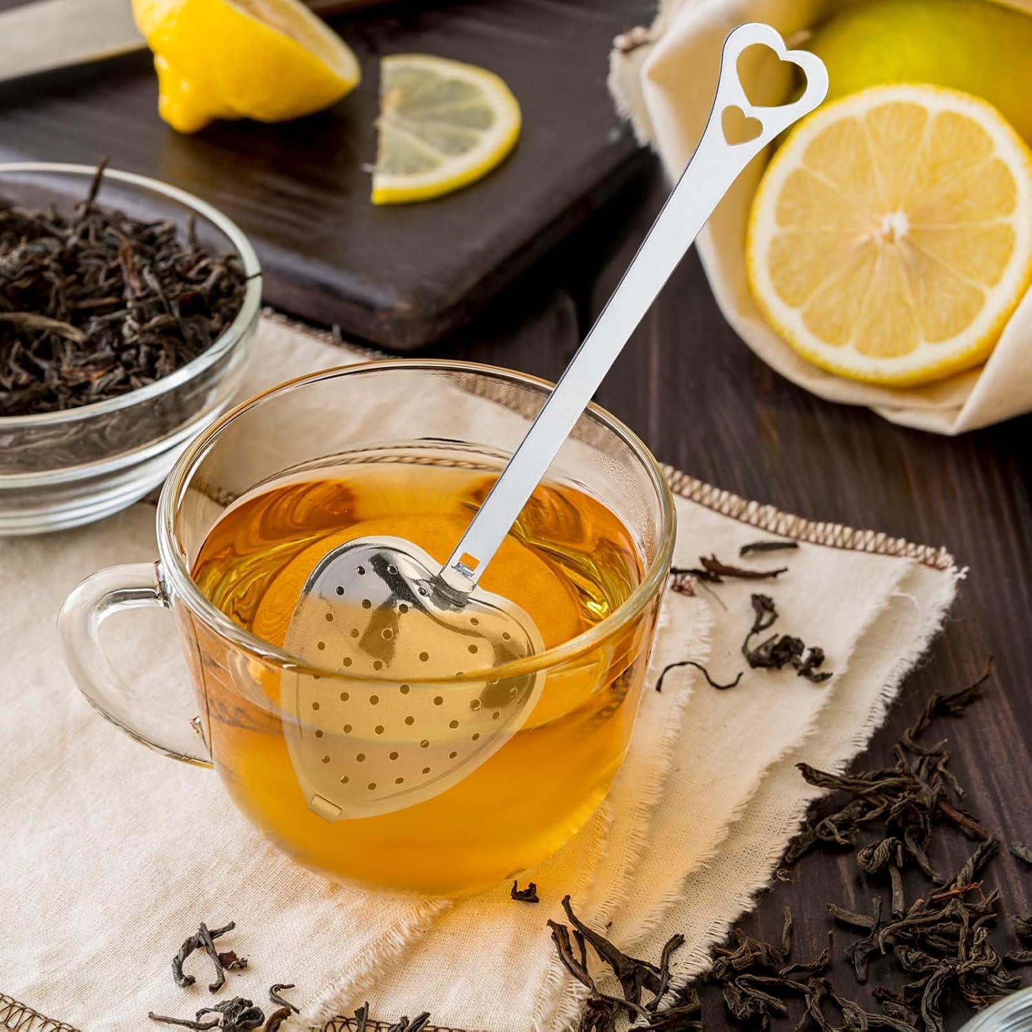 50 Pieces Tea Infuser for Loose Leaf Tea, Heart Shaped Tea Strainer Spoons Stainless Steel Long Grip Tea Filter Mesh Tea Steeper for Tea Party Accessories