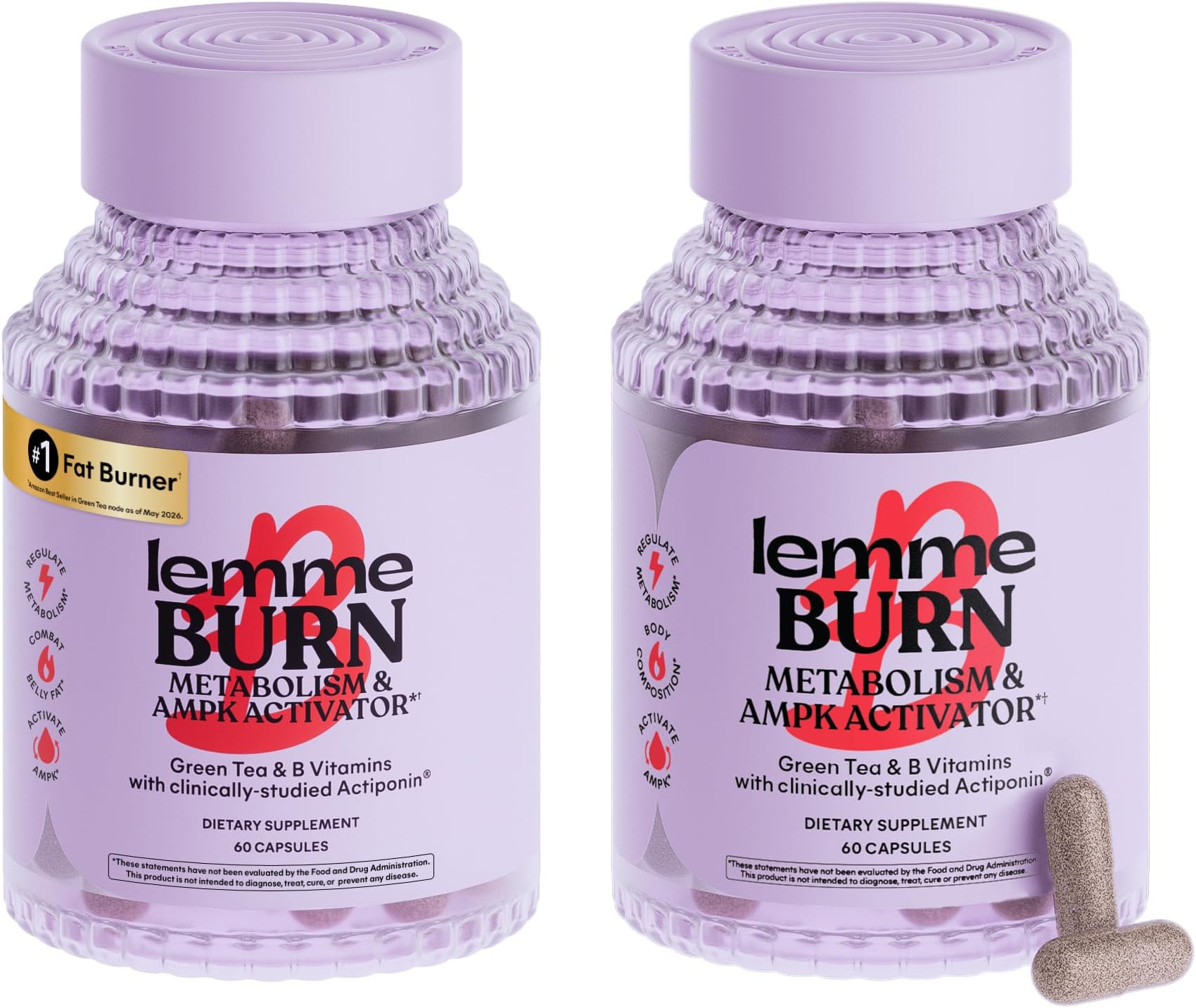 Burn Belly Fat Capsules, Clinically Studied AMPK Metabolic Activator Actiponin Jiaogulan, 50% EGCG Green Tea Extract, Vitamin B6, Methyl B12 for Men and Women - 60 Count (Pack of 2)