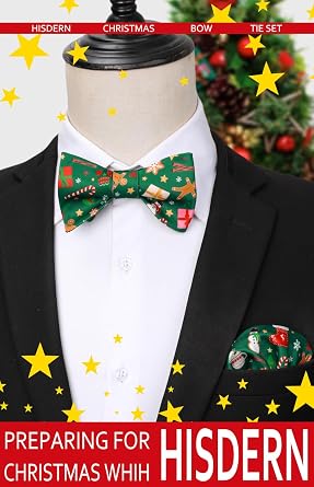 HISDERN Christmas Bow Ties for Men Xmas Self-tied Bowties and Pocket Square Set Festival Woven Bowtie Handkerchief