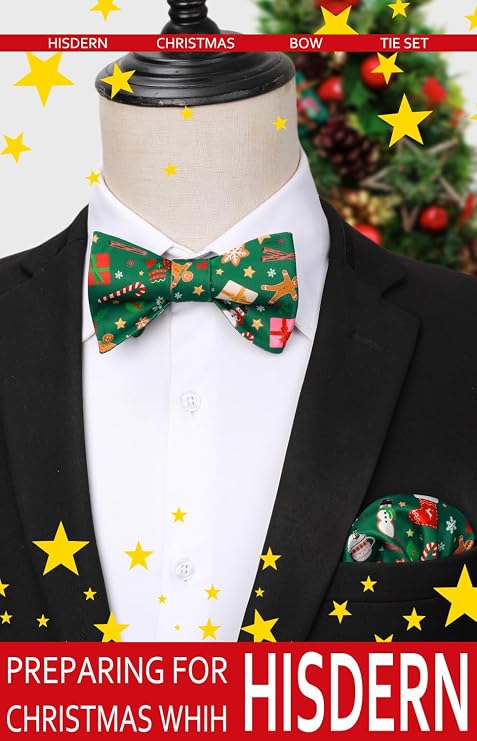 HISDERN Christmas Bow Ties for Men Xmas Self-tied Bowties and Pocket Square Set Festival Woven Bowtie Handkerchief