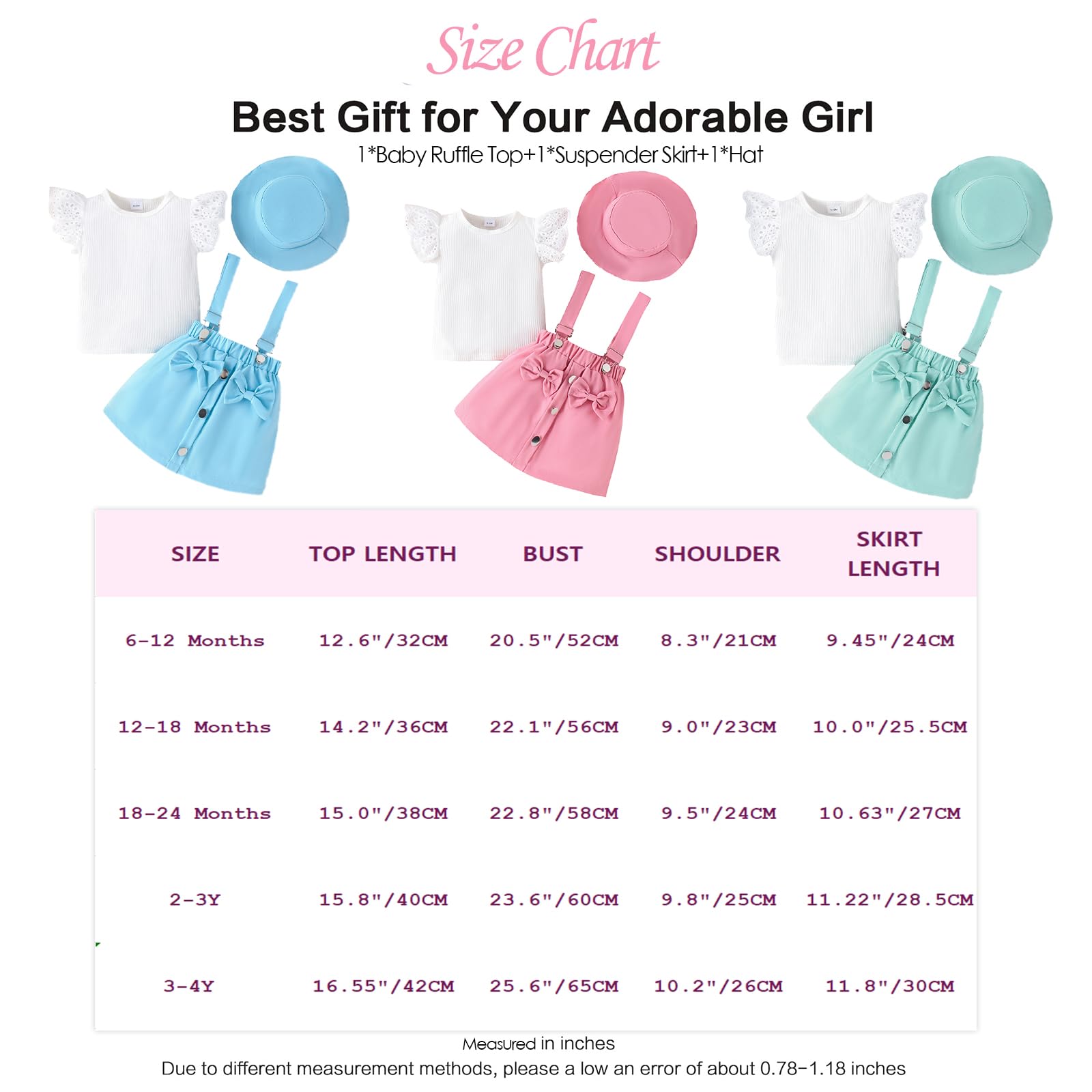 Kleinkind Baby Mädchen Rüschen Hosenschlitz Kurzarm Geripptes Oberteil + Schleife Strapsrock Overall Kleid + Mütze Kleidungsset Outfits