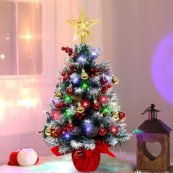 Mini Artificial Tabletop Christmas Tree - 24 Inches, 40 LED Lights, Small Xmas Tree with Christmas Ball Ornaments