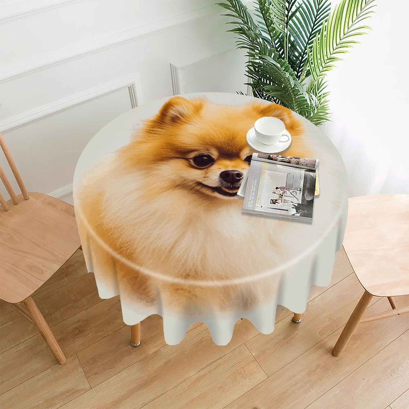FodPand Yellow Pomeranian Round Tablecloth - 60 Inch Premium Polyester Table Cloth, Fashion Wrinkle Resistant Decorative Table Cover for Dining Kitchen Party Buffet Tables