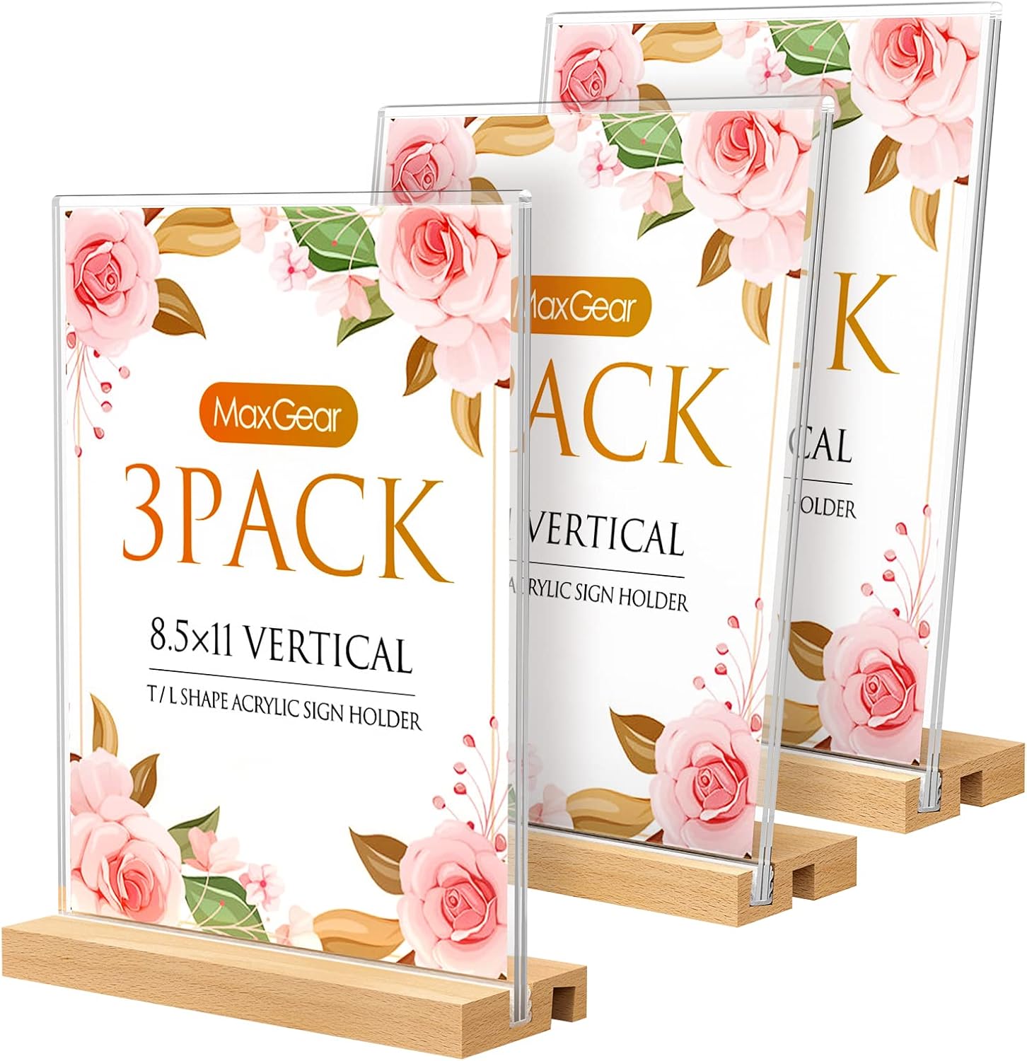 MaxGear Acrylic Sign Holder 8.5 x 11, Clear Table Display Stand with Wooden Base, L