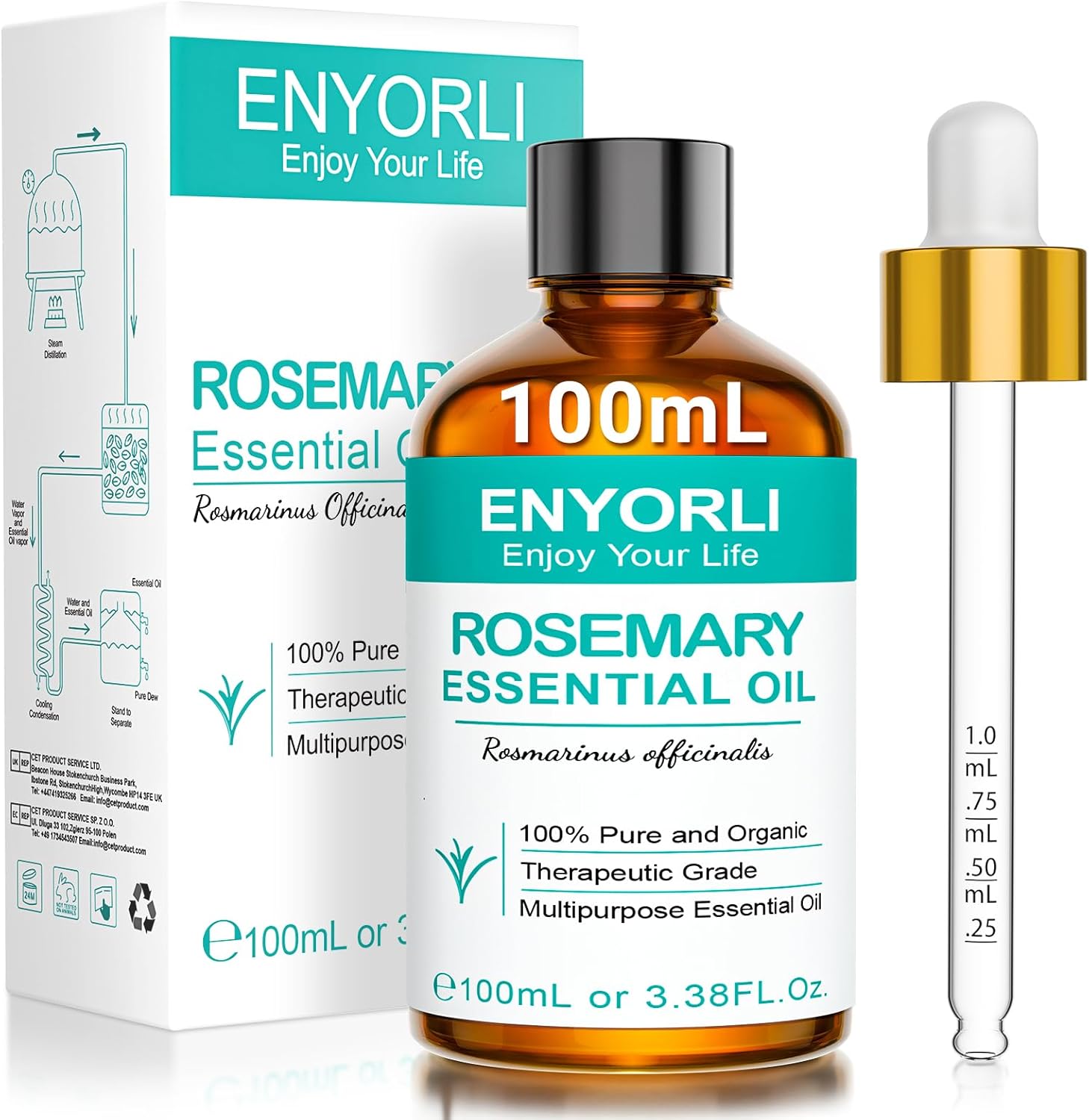 Olio essenziale di rosmarino 100 ml 100% puro naturale distillato a vapore per cura dei capelli, cura della pelle, aromaterapia, massaggi e candele profumate con pipetta