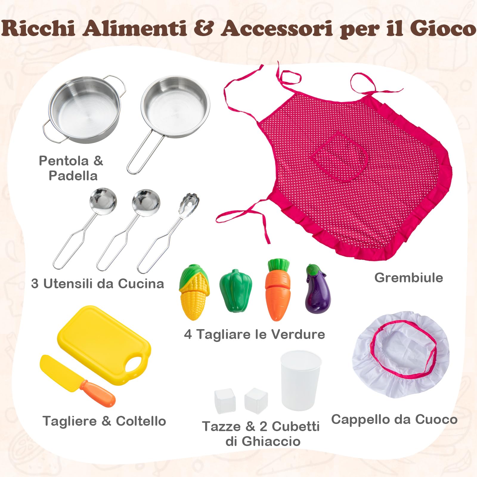GYMAX Cucina Giocattolo ad Angolo per Bambini, Set da Cucina in Legno con Cappa Illuminata e Fornelli con Suoni, Realistico Fabbricatore di Ghiaccio, Regalo per Bambini 3 + Anni (Stile 1)