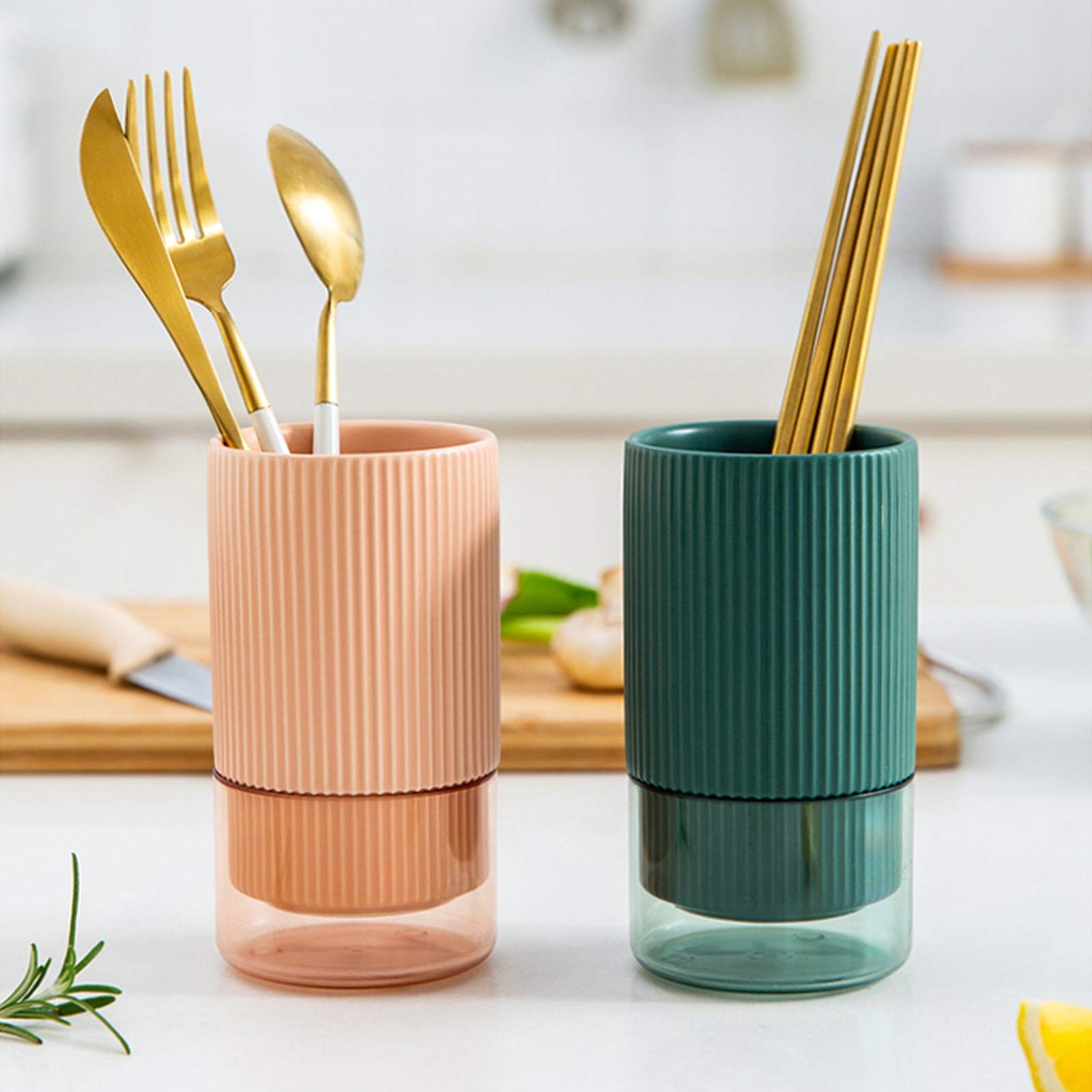 Besteckhalter, Küchenutensilienhalter, einfache Küchenutensilien, Essstäbchenhalter, Keramik-Geschirr, Abflussregal, Aufbewahrungsrohr, Küchenutensilien-Caddy, Aufbewahrungsregal, 3 Farben (Farbe: Ros