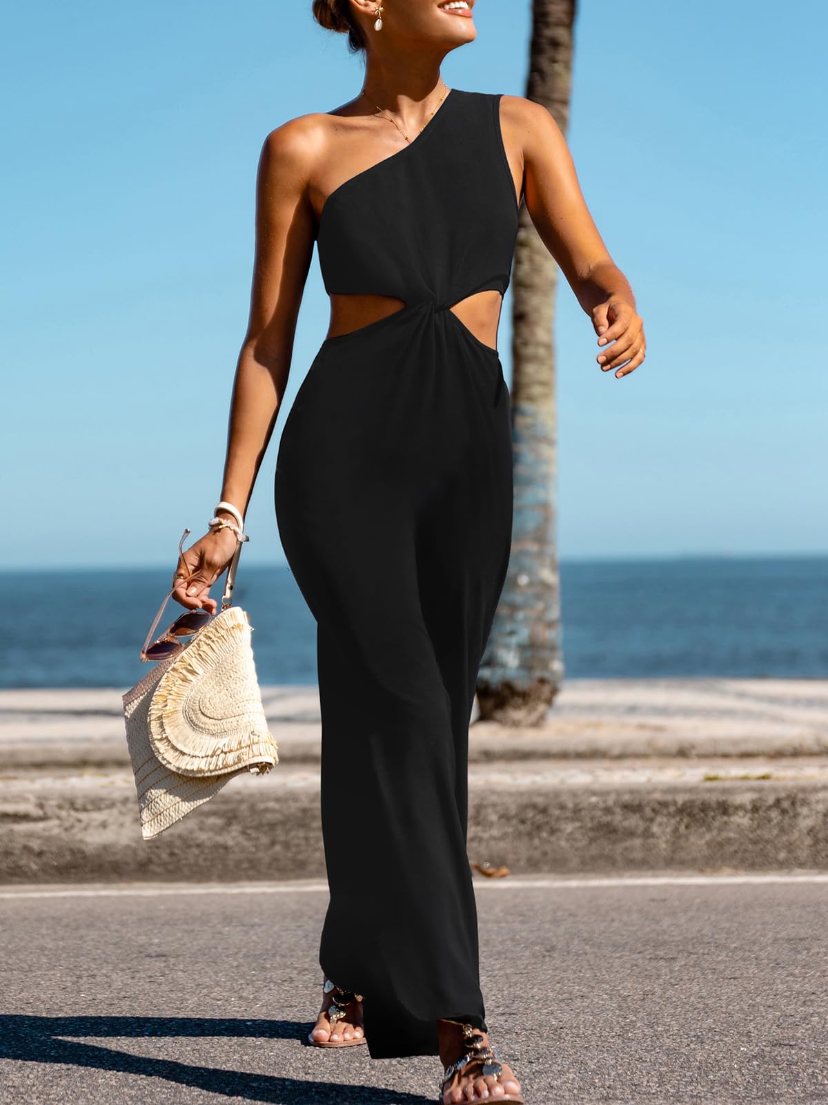 CUPSHE Combinaison d'été pour femme - Coupe asymétrique - Sans manches - Jambe large - Pantalon long - Barboteuse avec fermeture éclair - Tenue une pièce