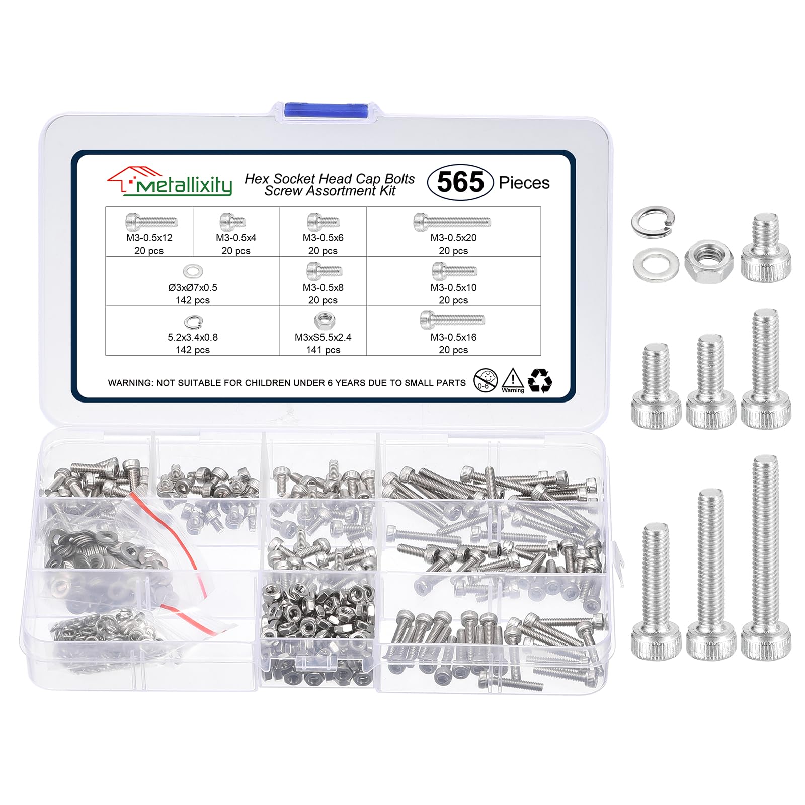 METALLIXITY Socket Head Cap Screws Kit (M3x4/6/8/10/12/16/20) 565Pcs, Stainless Steel Allen Socket Drive - Machine Internal Hex Screw, Silver — image 1
