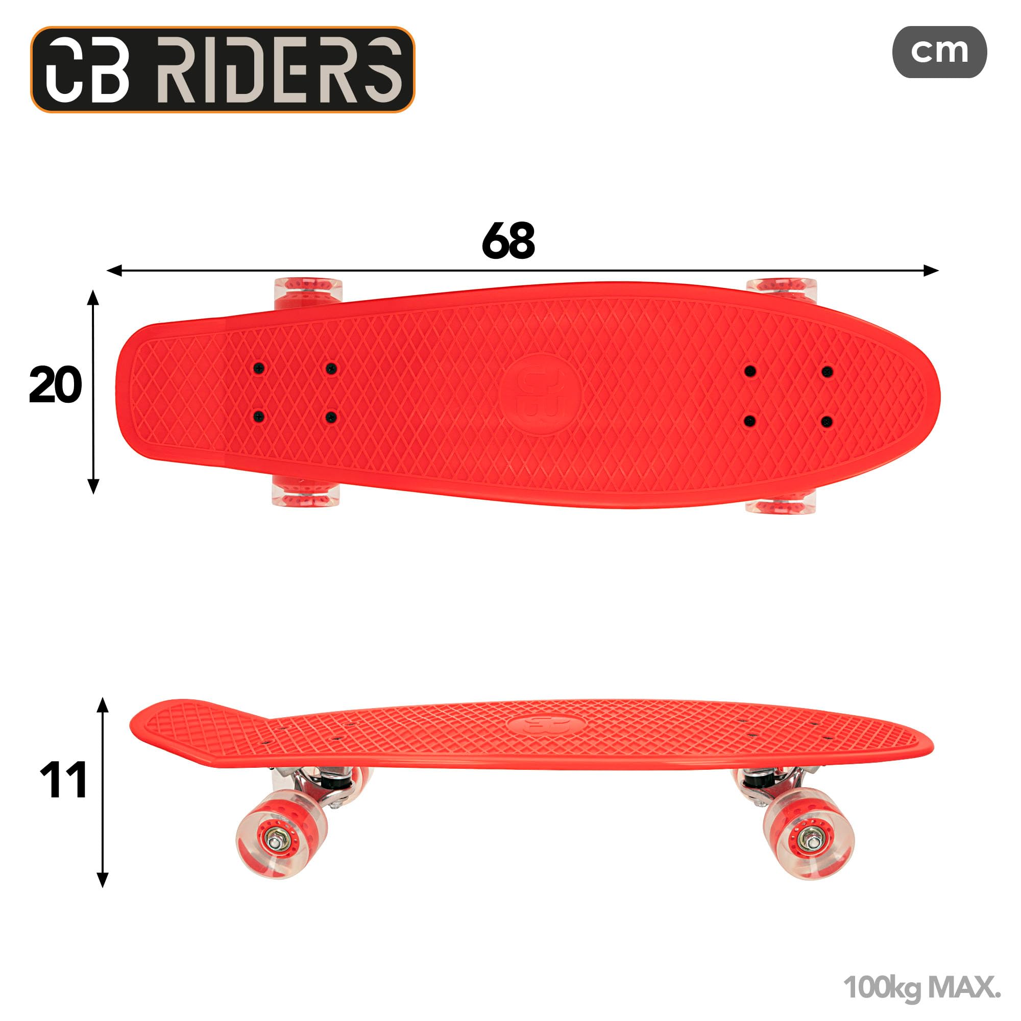 COLORBABY CB Riders, Skateboard, Skateboard, Couleur Rouge, 71 x 20 cm, Axe Aluminium, Skateboard Enfant, Planche avec 4 Roues PU, Poids Maximum 100 kg, Cadeau 6 Ans (47196)