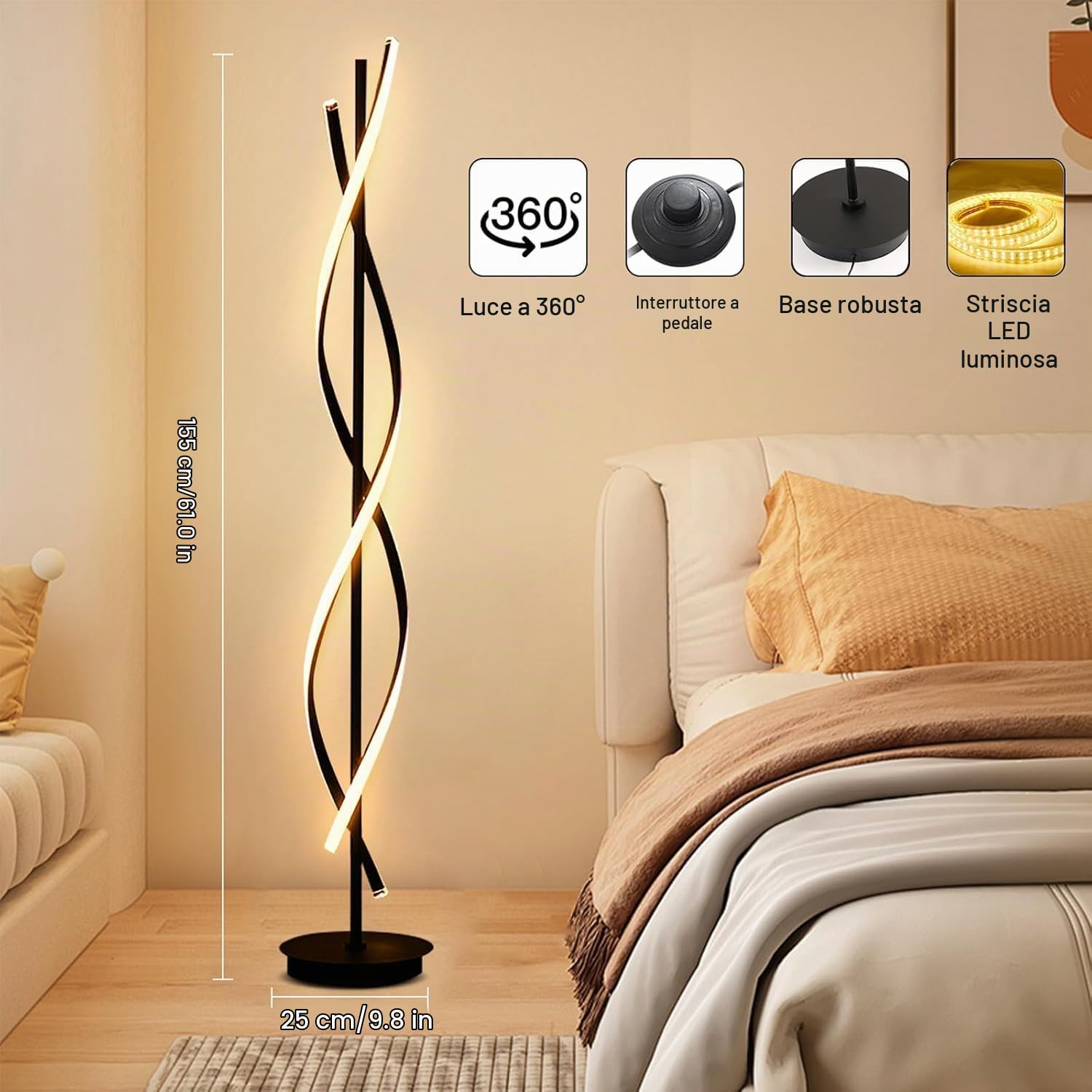 Lampada Da Terra LED Dimmerabile, 52W Piantana Lampada Da Terra Salotto, Moderna Lampada Da Pavimento Con Telecomando, 155cm Spirale Lampada Soggiorno Per Lettura, Camera Da Letto, Ufficio (BLACK)