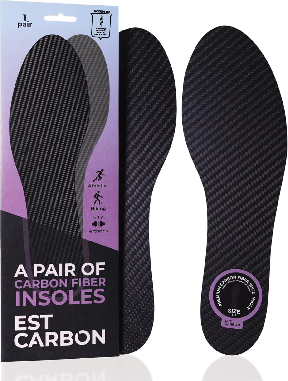 ESTCARBON2 Piece Carbon Fiber Insoles for Men & Women - Ideal Carbon Fiber Inserts for Basketball, Volleyball, Hiking, and Recovery | Fits All Sneakers and Shoes - Enhances Athletic Performance Matrix, Black,
