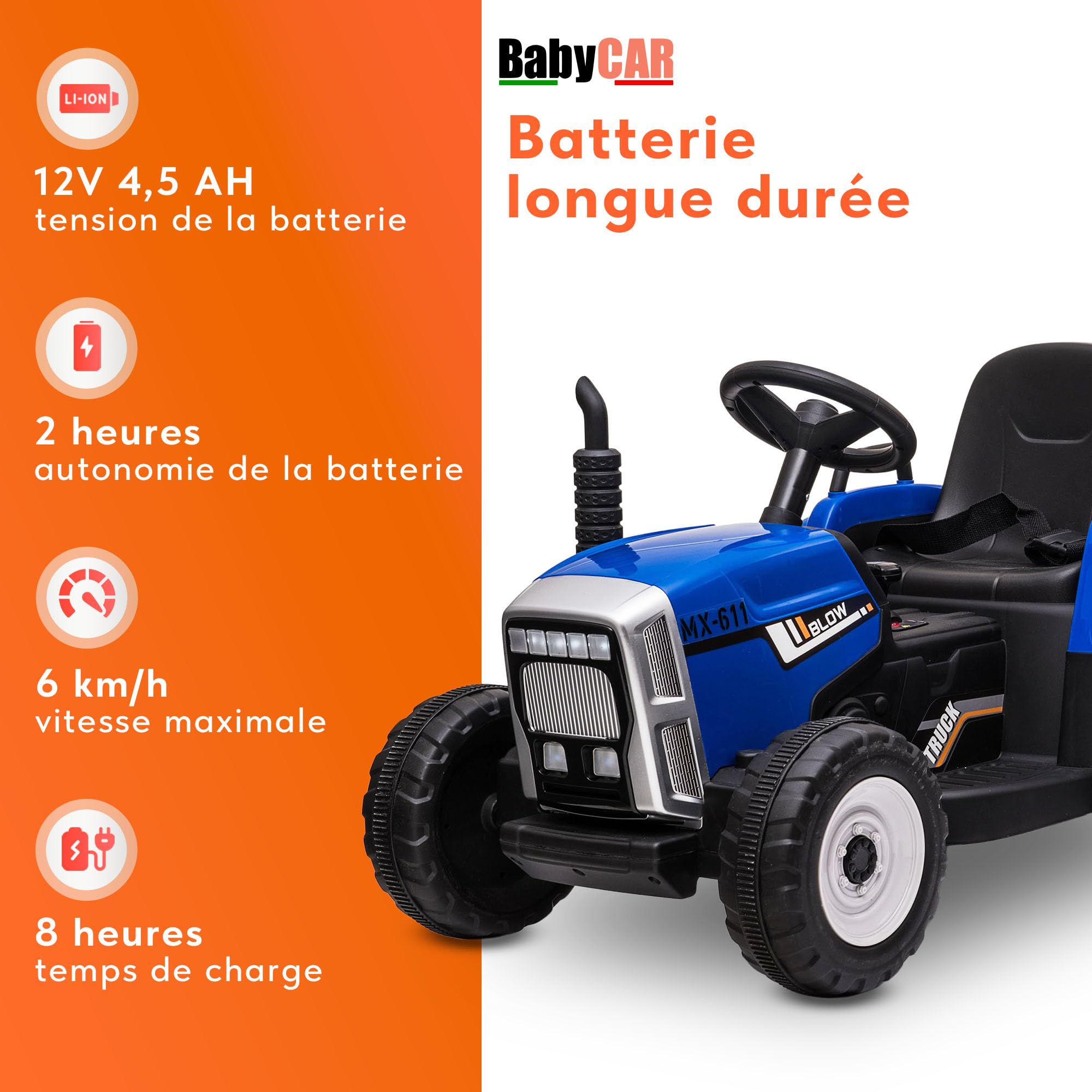 Tracteur Electrique Enfant avec remorque New Holland 12V de Babycar - Jouet Tracteur Electrique Enfant avec MP3 Licence Officielle et télécommande (Bleu)