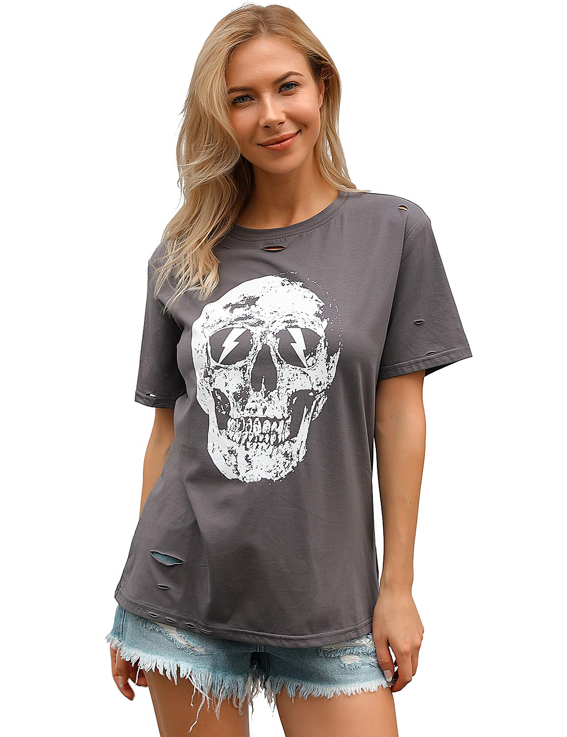 Blooming Jelly Womens Summer Funny T Shirts Skull Graphic Tees Short Sleeve Distressed Casual Cute Tops
