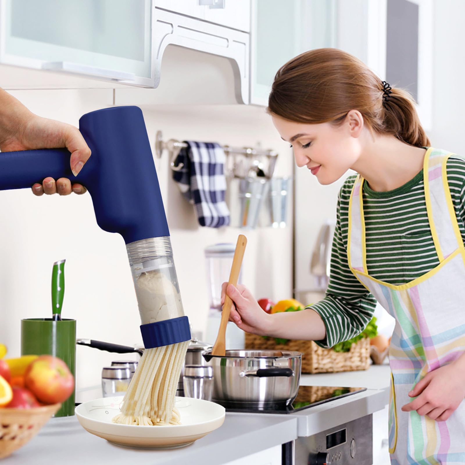 Máquina de Pasta Eléctrica de Mano, Máquina para Hacer Pasta Automática Portátil con 7 Accesorios para Espaguetis Multifuncional Máquinas para Pasta Fresca pare Fettuccine Salchichas Caseras Azul