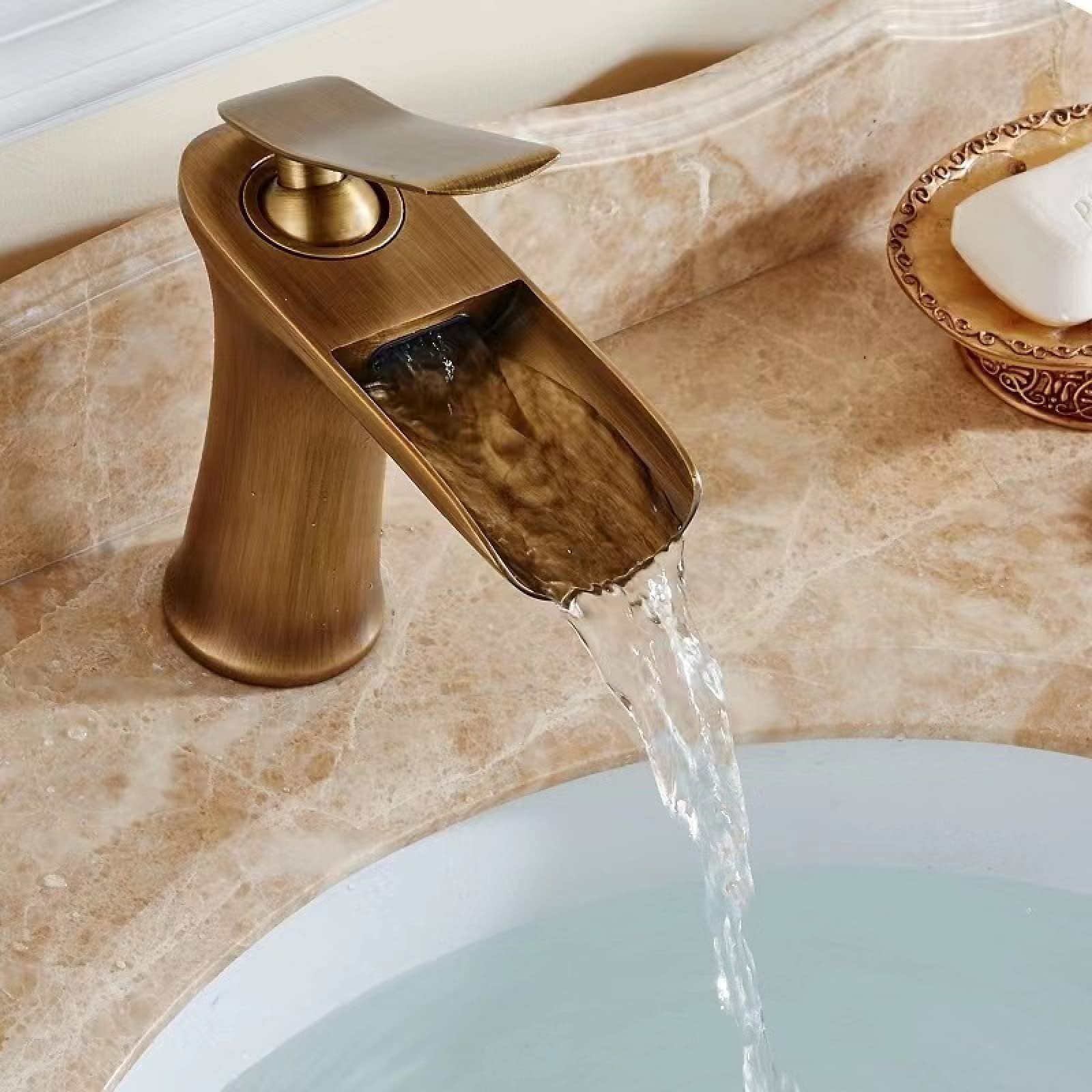 BiaoTeng Rubinetto Bagno Lavabo Cascata Miscelatore, Rubinetto Monocomando Lavabo, Miscelatore Lavabo E Bidet Bagno Cascata Alto, Ottone, Spazzolato, Antico B