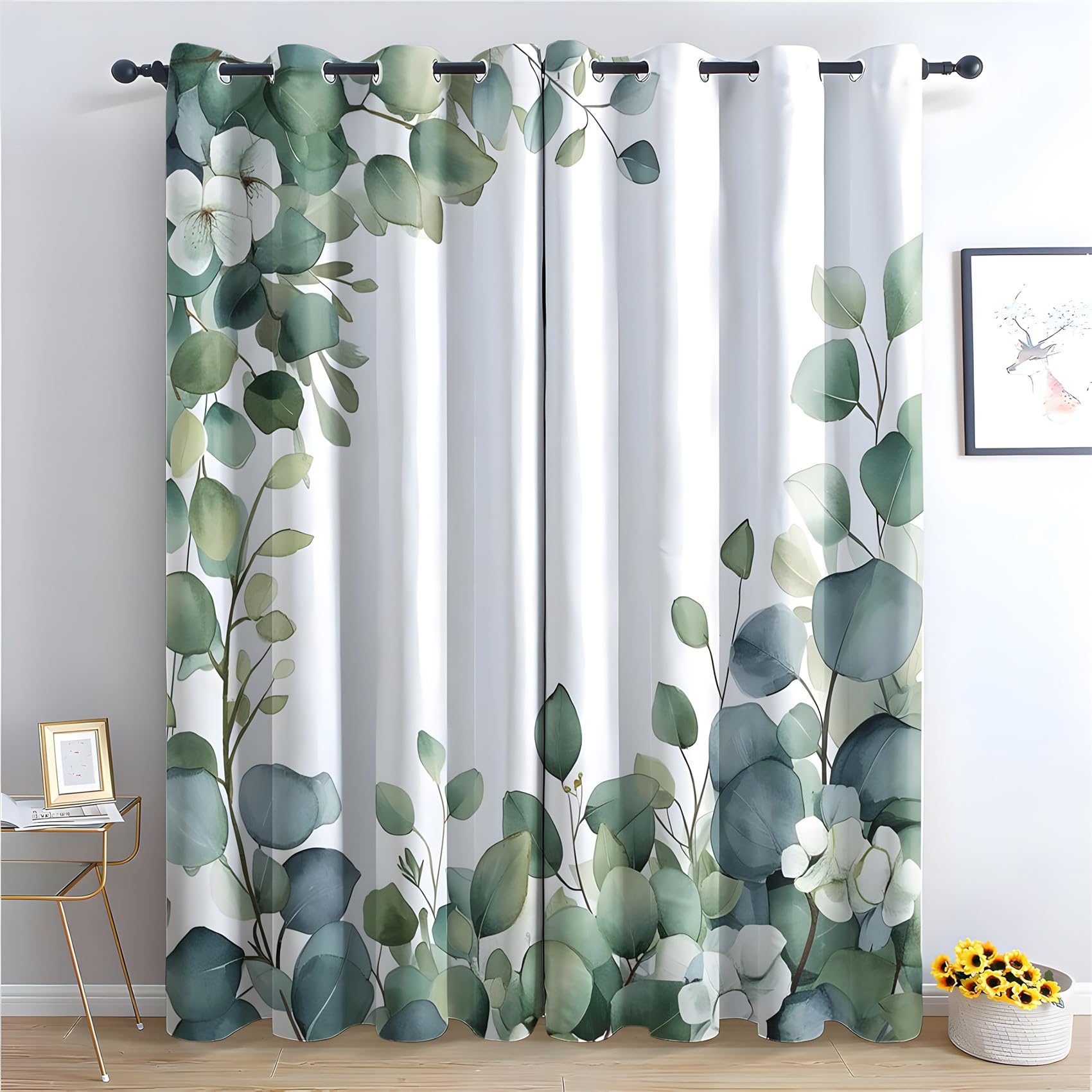 KaiHeBeding Eucalyptus Leaves Blackout Curtains for Bedroom - Botanical Leaves Living Room Curtains 90x108 Eyelet - Soft Thermal Insulated Patterned Drapes for Windows - 2 Panels