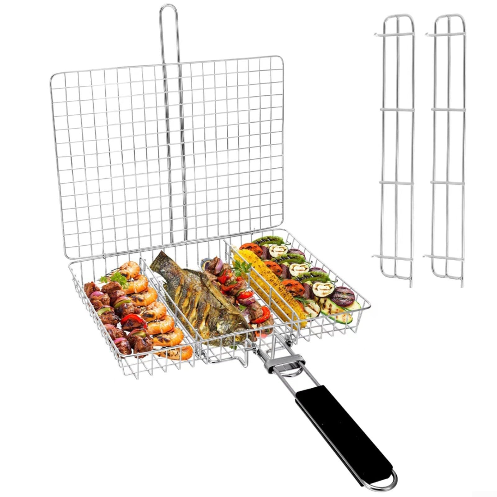 Cestino pieghevole per barbecue in acciaio inox di alta qualità, con manico, 50,5 x 31 x 4 cm, ideale per grigliare pesce, carne e verdure, utensile da cucina portatile, lavabile in lavastoviglie