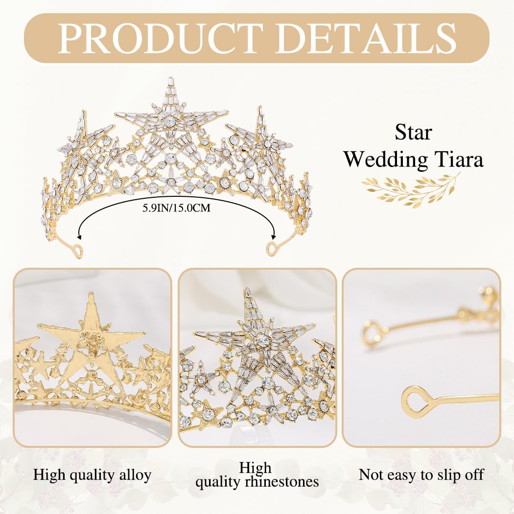 Woeoe Tiara da donna in cristallo con strass dorati, diadema da regina e corona da principessa tiara per costume da festa di compleanno accessori per capelli, METALLO
