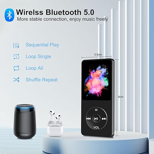 Miniatura 2 de Reproductor de MP3 con Bluetooth 5.0, pantalla de 1.8 pulgadas, reproductor de música portátil con altavoz HD, música de alta fidelidad compatible