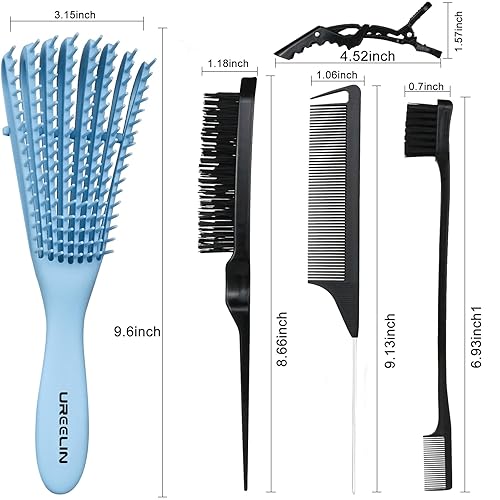 Miniatura 7 de Juego de cepillos desenredantes, cepillo desenredante para el borde y la espalda, cepillo para cabello rizado con cola de rata, peine de cocodrilo,