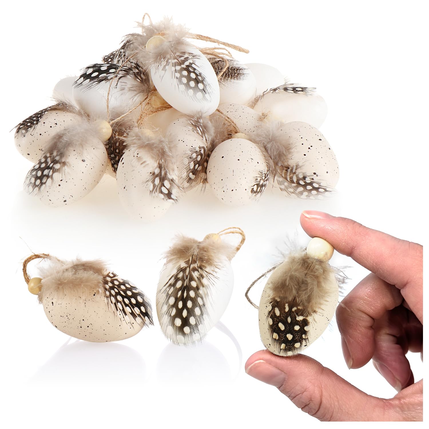 COM-FOUR® 18x Easter eggs to hang - hanging decoration for the Easter bush 4 x 3 cm - decorative Easter eggs with feathers and wooden beads in quail egg look