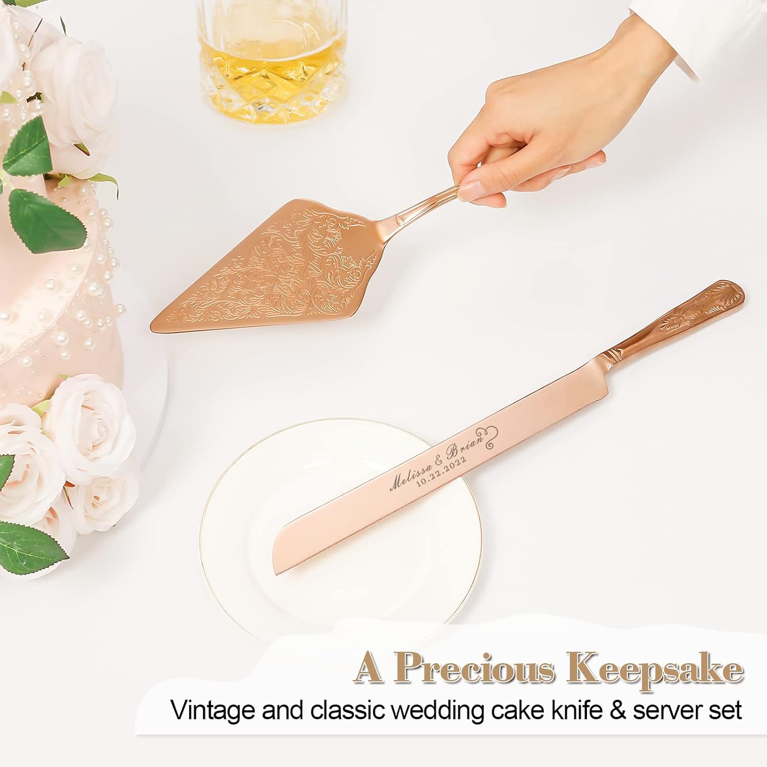 Cake Knife and Server Set, Personalized Cake Cutting Set For Wedding, Rose Gold Cake Cutter Pie Pizza Server Set, Engraved Cake Serving Set for Anniversary Birthday Party Gift (Rose gold)