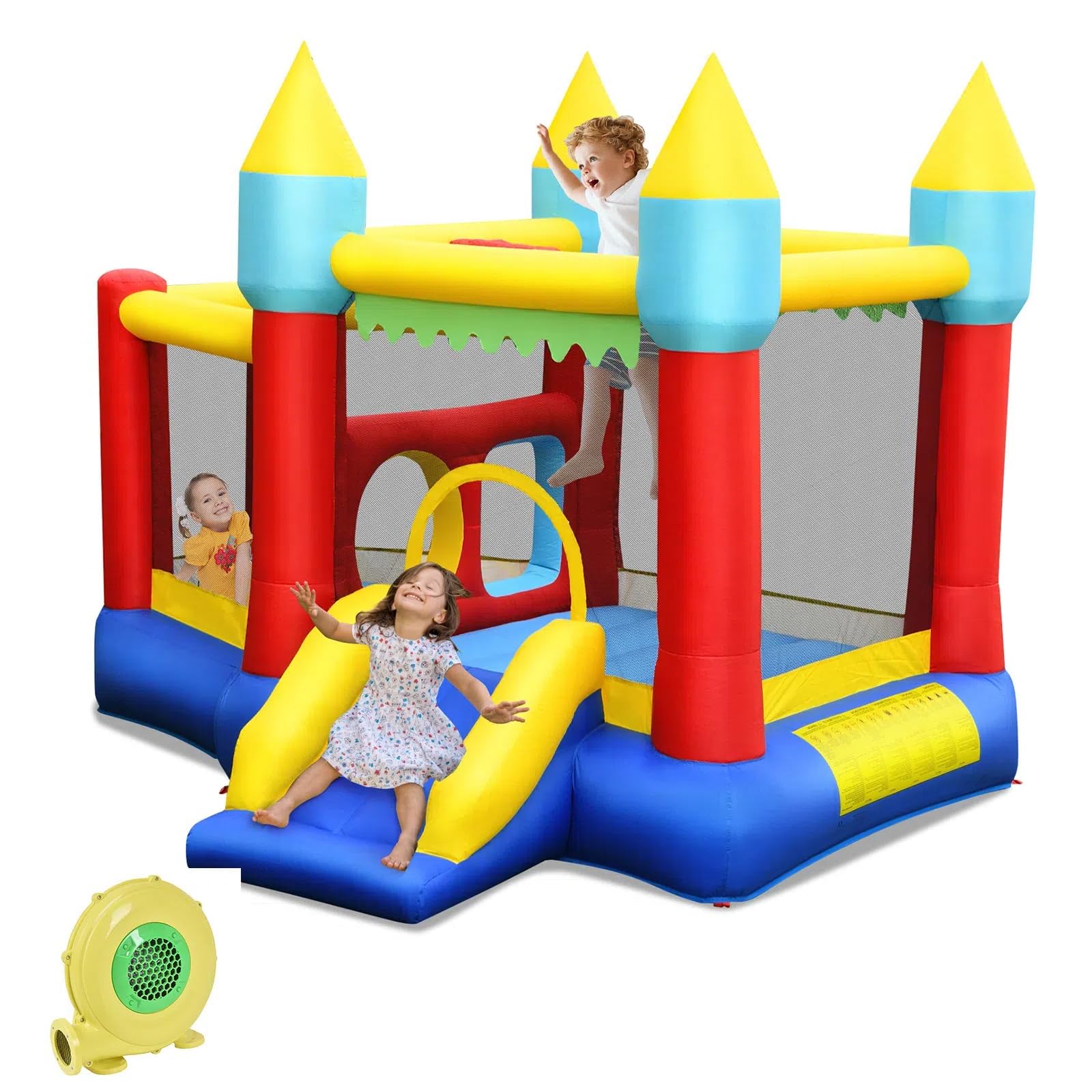GLACER Kids Inflatable Bouncer, Indoor & Outdoor Bounce House w/ 480W Blower, Spacious Jumping Area, Slide, Basketball & Ocean Balls, Kids Castle Slide Bouncer for Children 3-10 Years Old