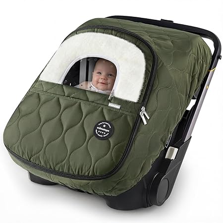 Winter Baby Car Seat Cover, Waterproof, Windproof Warm Winter Car Seat Cover for Doona Car Seats and Strollers,Fleece Breathable Car Seat Cover Baby with Full Zipper, Green