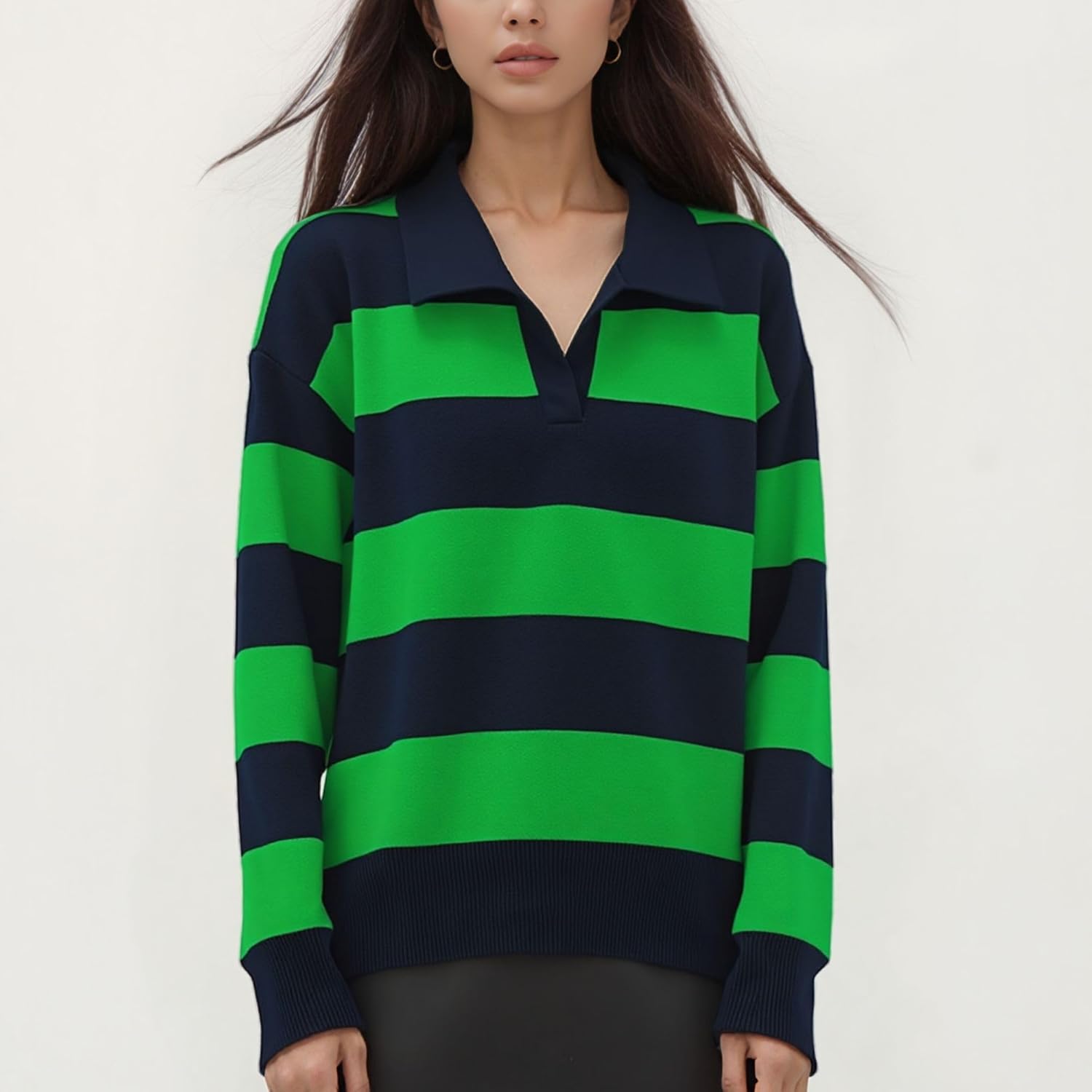 Chevara Women’s Striped Polo Sweater V Neck Colorblock Knit Pullover Y2K Casual Loose Fit Rugby Sweatshirt