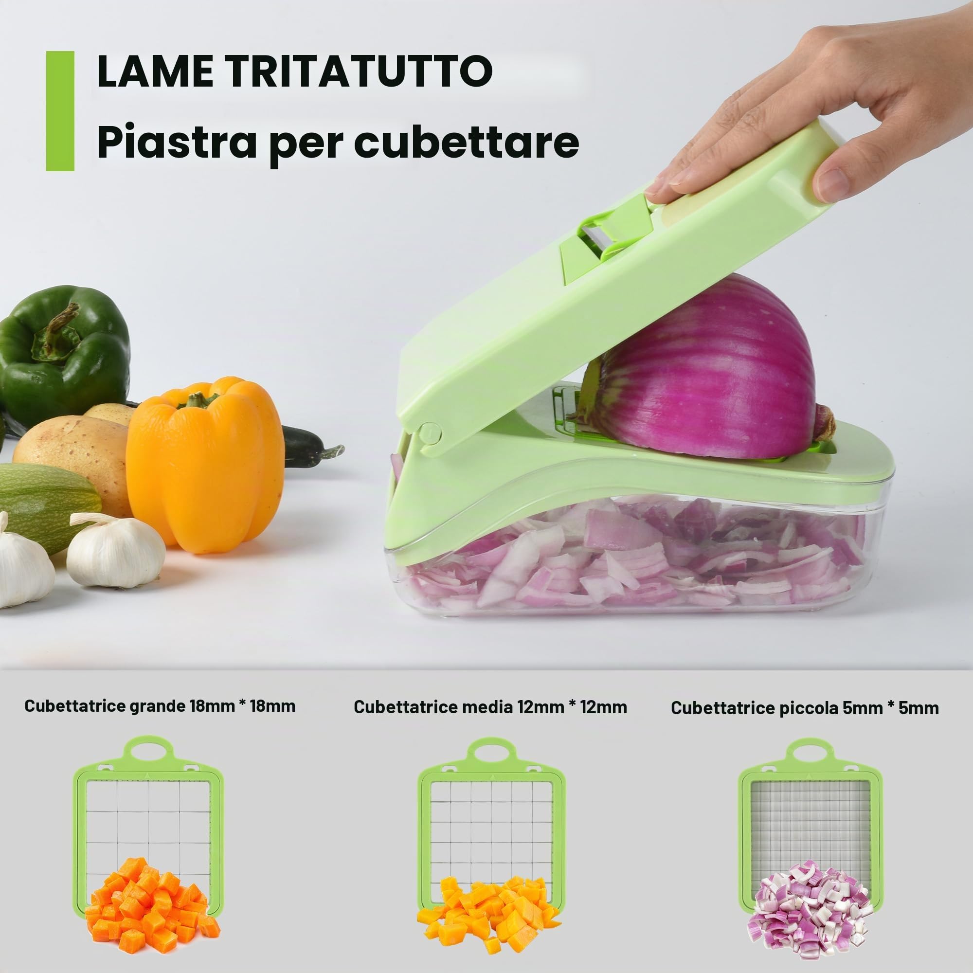 Romon Taglia Verdure, Affetta Verdure, Tagliaverdure, 14 in 1 Affettaverdure e Tagliaverdure Multifunzionale, Trita Verdure Manuale per Cubetti, Bastoncini, Fette, Strisce e Quarti