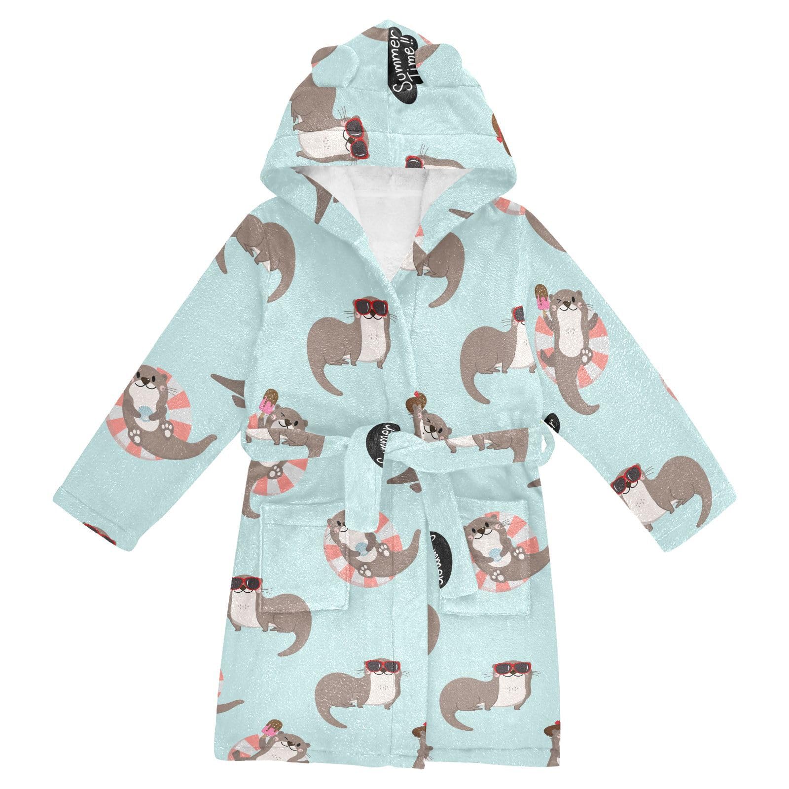WIFIU Toddler Baby Hooded Bathrobe for Boys Girls Cute Otter Summer Holidays Printed, Soft Plush Bath Towel Robe with 2 Pockets for 4-6 Years