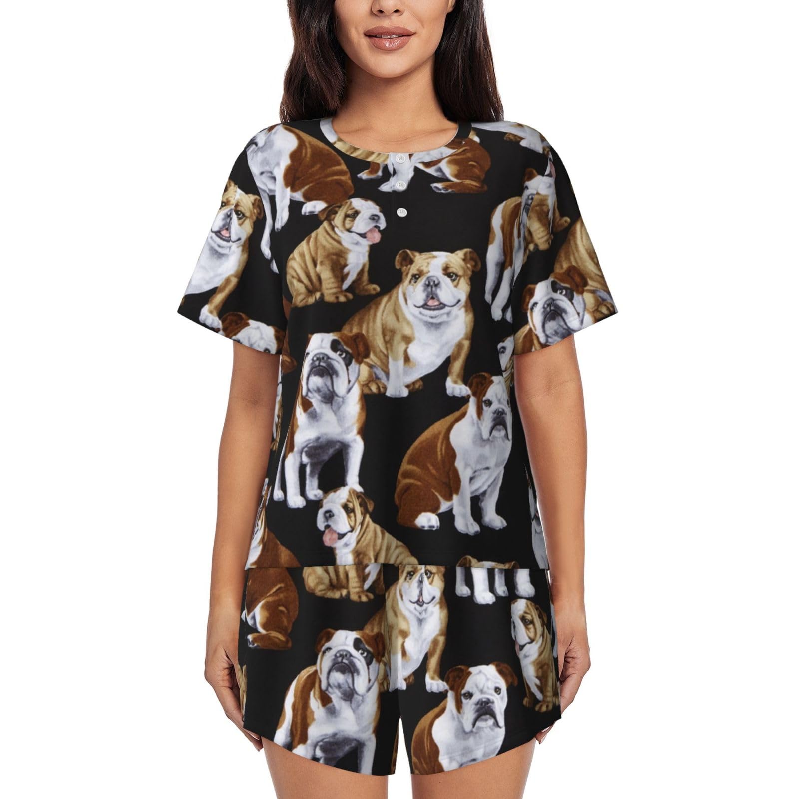 Jbyjbx Unisex Black English Bulldogs Women's Pajamas Set, Cotton Short Sleeve Sleepwear Top Shorts Pjs Sets Soft Loungewear, Medium